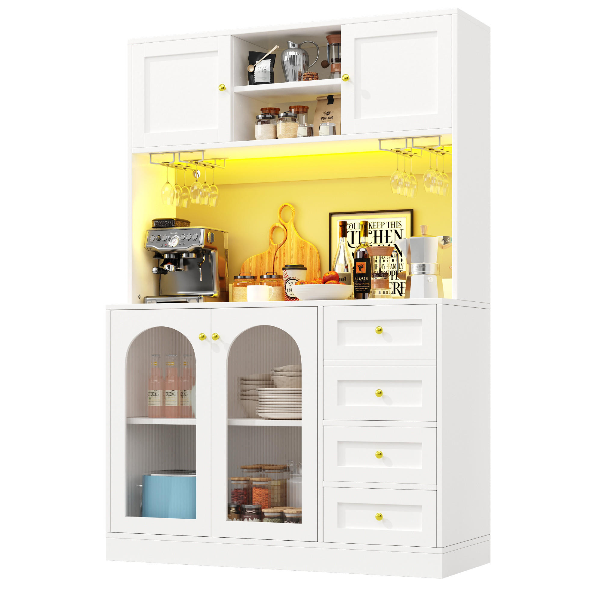 BUFFETSCHRANK 120/40/188 cm aus MDF mit LED-Lichtleiste, Fluted-Glas und viel Stauraum, Weiß - Weiß, Holzwerkstoff (120/188/40cm) - Redom