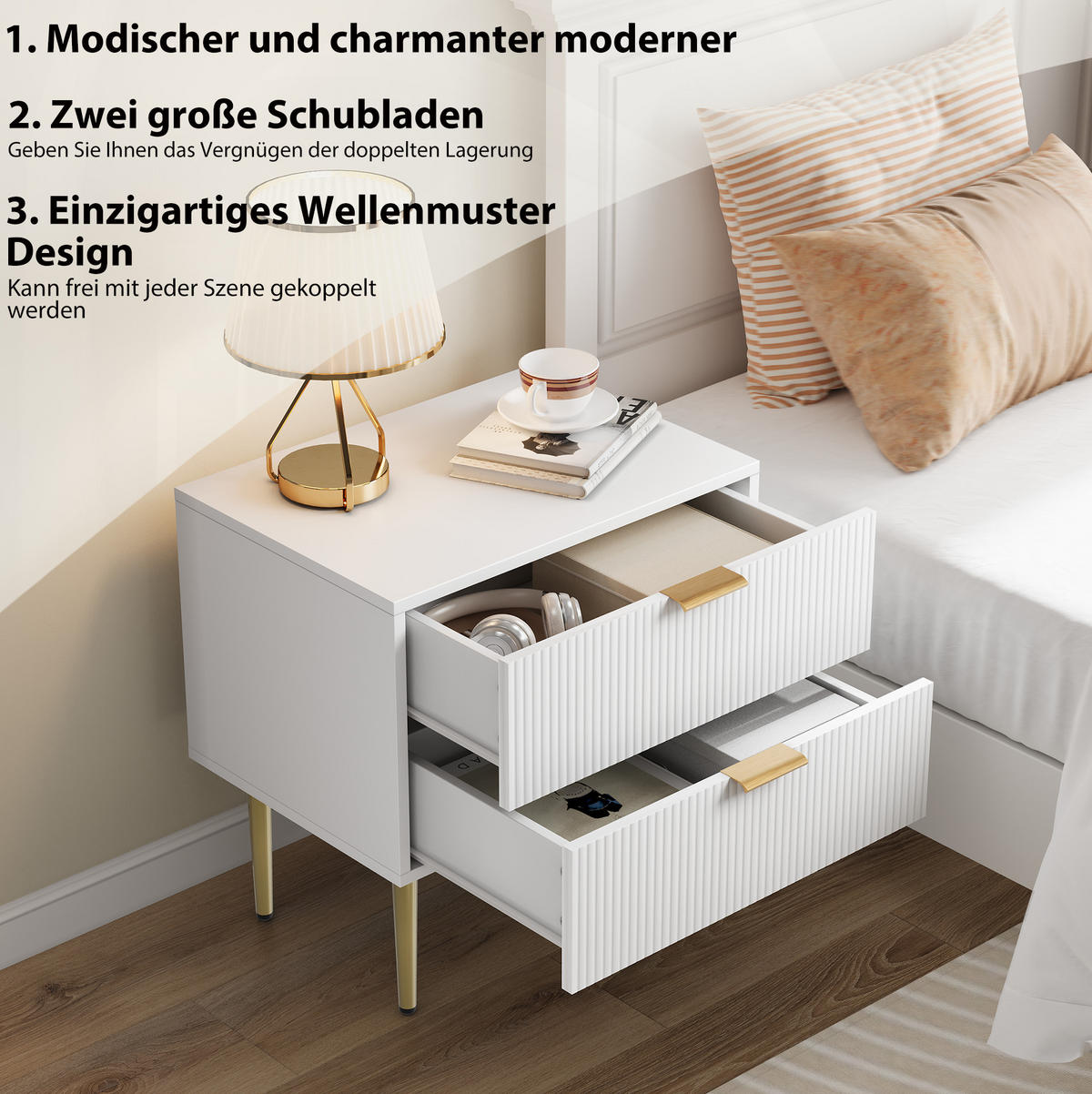 NACHTTISCH aus MDF und Holzwerkstoff 53x41,5x53 cm Weiß mit 2 Schubladen und Metallbeinen im modernen Rillendesign - Weiß, Holzwerkstoff (53/52.5/41.3cm) - Modfu