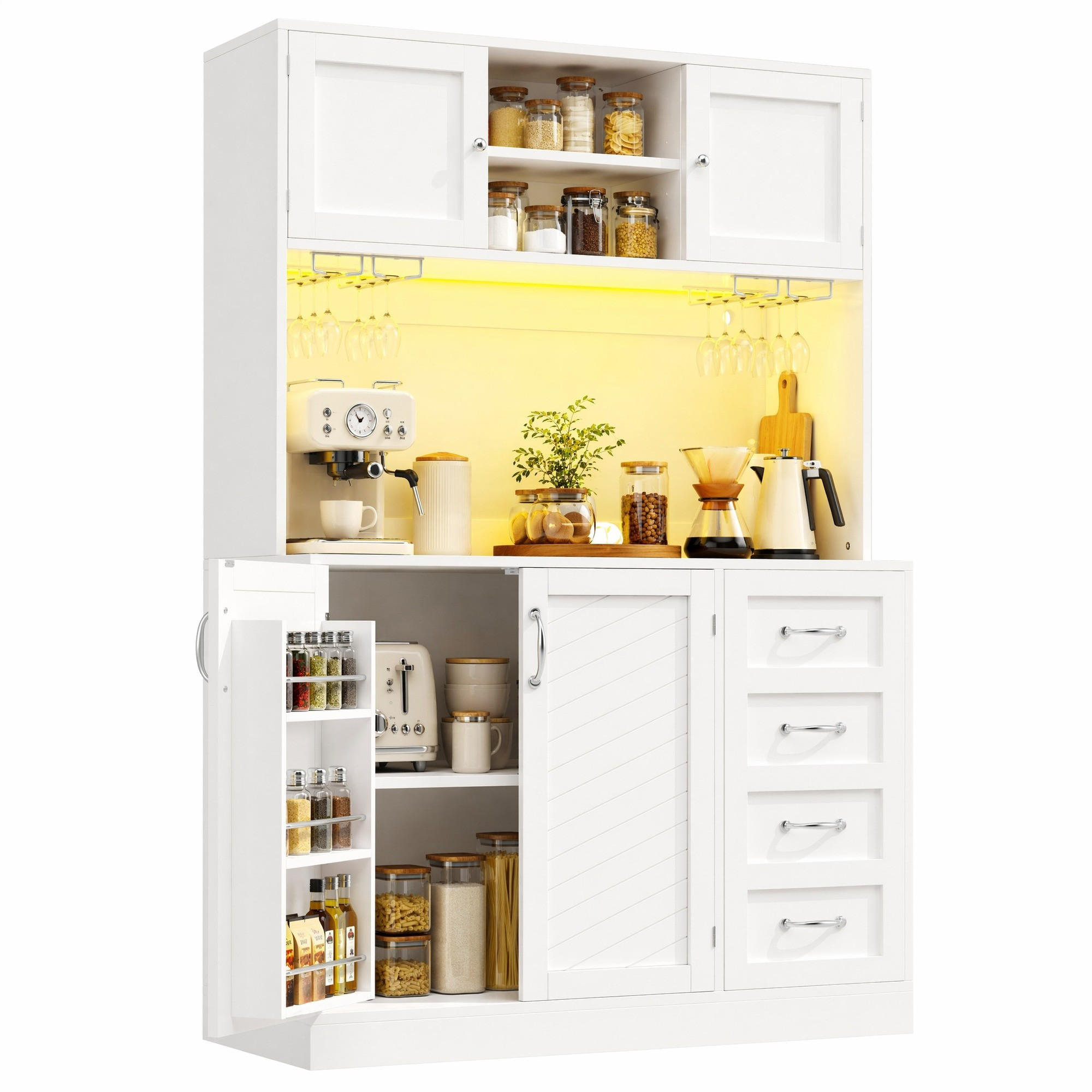 HIGHBOARD in Weiß Küchenschrank mit LED-Beleuchtung und Schubladen für Küche und Wohnzimmer, B120/T40/H188 cm - Weiß, Holzwerkstoff/Metall (120/188/40cm) - STILVORA