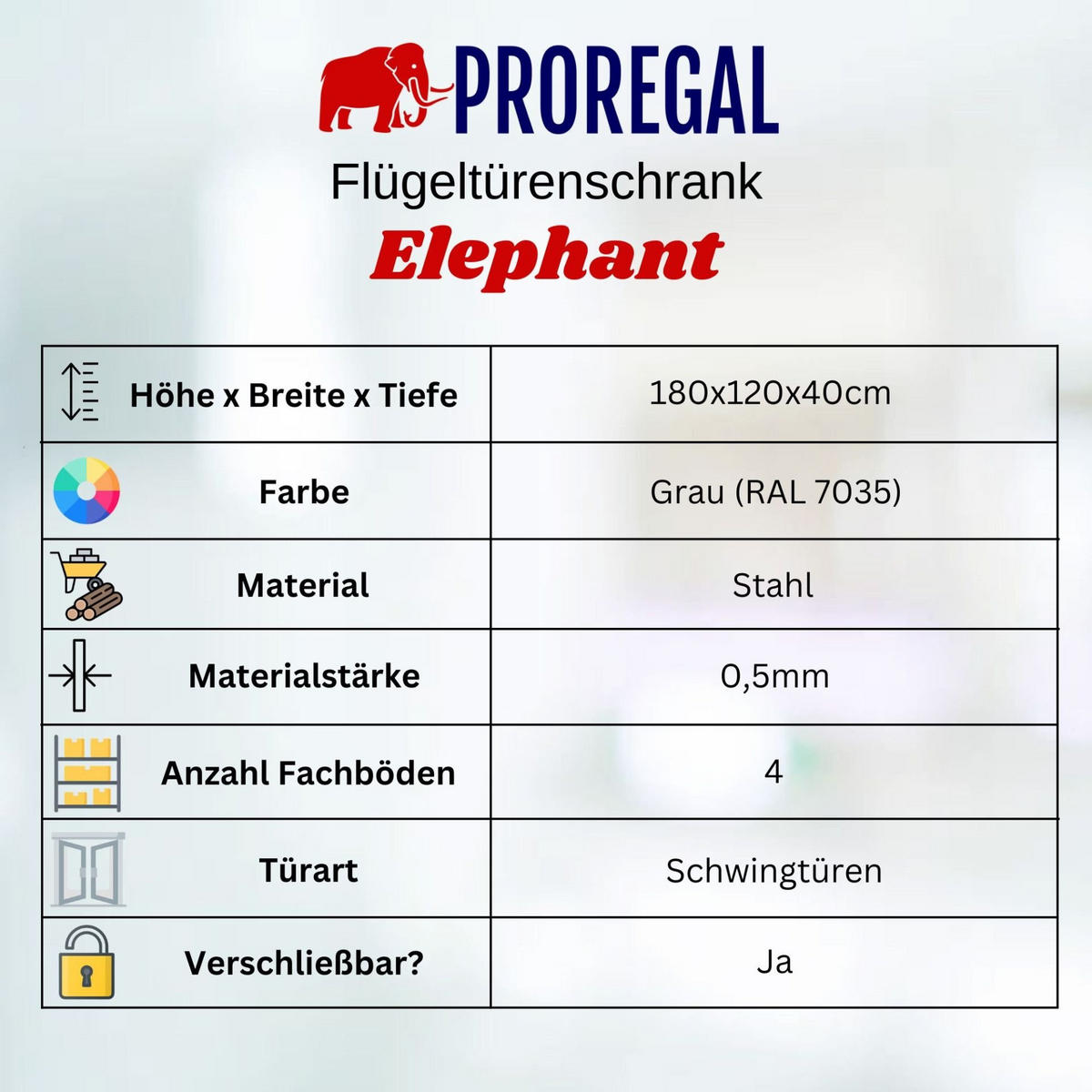FLÜGELTÜRENSCHRANK Elephant 2er-Set komplett montiert 180x120x40cm 4 Ebenen Lichtgrau - Hellgrau, Metall (240/180/40cm) - PROREGAL