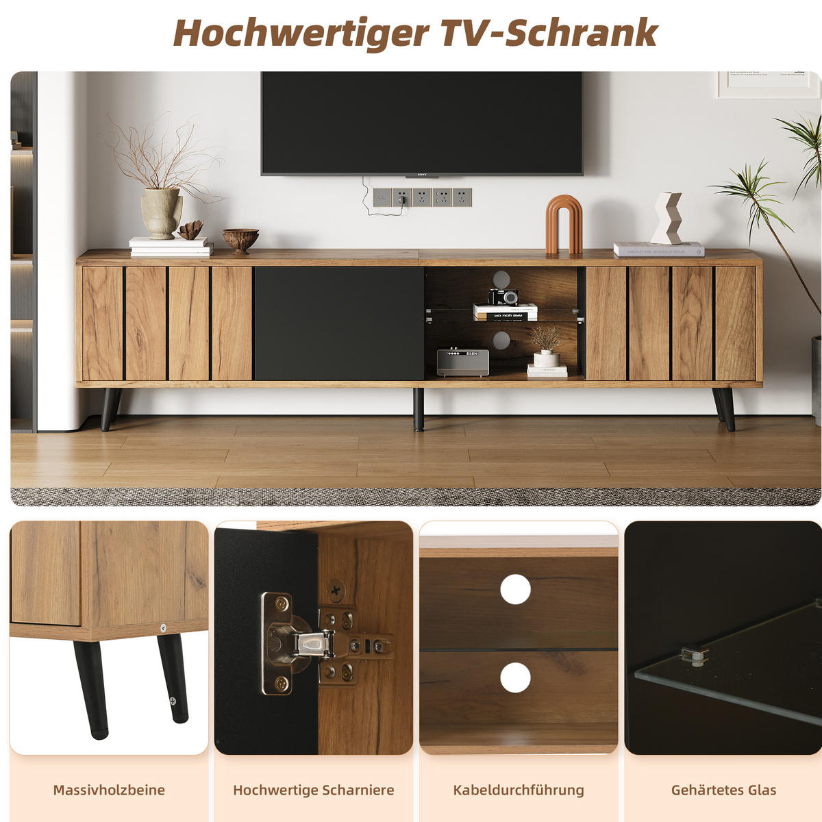 LOWBOARD 175/31,5/45 cm aus Spanplatte mit 3 Türen und Glasfach Natur/Schwarz - Hellbraun, Holzwerkstoff (175/45/31.5cm) - Modenvie