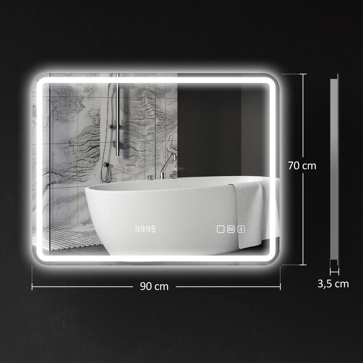BADEZIMMERSPIEGEL mit LED-Beleuchtung, Anti-Beschlags-Pad, 3 verstellbare Farben - Silberfarben, Glas (3.5/70/90cm) - HOMCOM