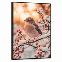 LEINWAND Bilder mit Rahmen - Vogel - Zweig - Winter - Tiere - Schnee - 60x80 - Bernsteinfarben, Textil (60/80cm) - MuchoWow