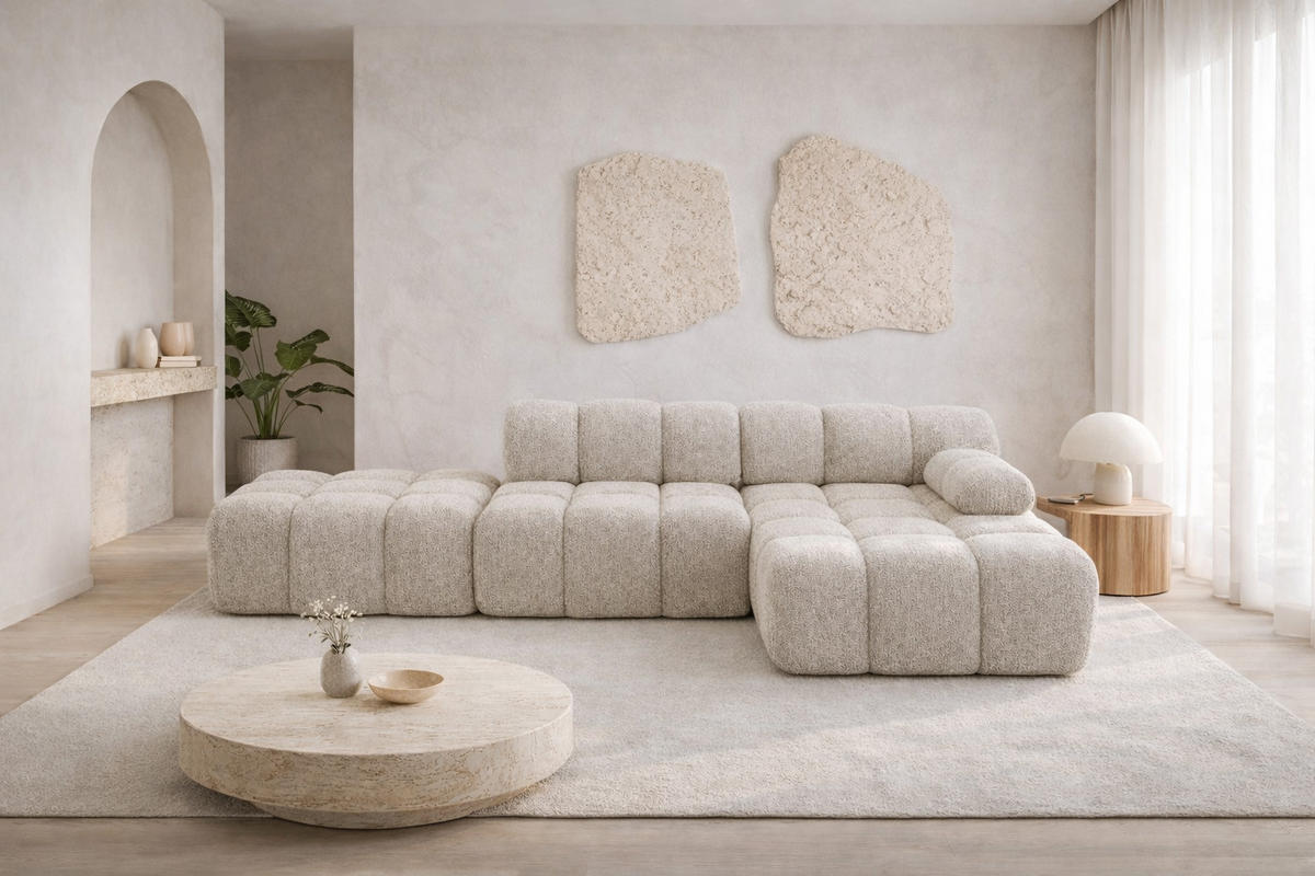 ECKSOFA L-Form Modular Mit Hocker, Bouclé-Stoff Abriamo, Beige, Rechts, Selia - Beige, Holz (285/160cm) - Kaiser Möbel