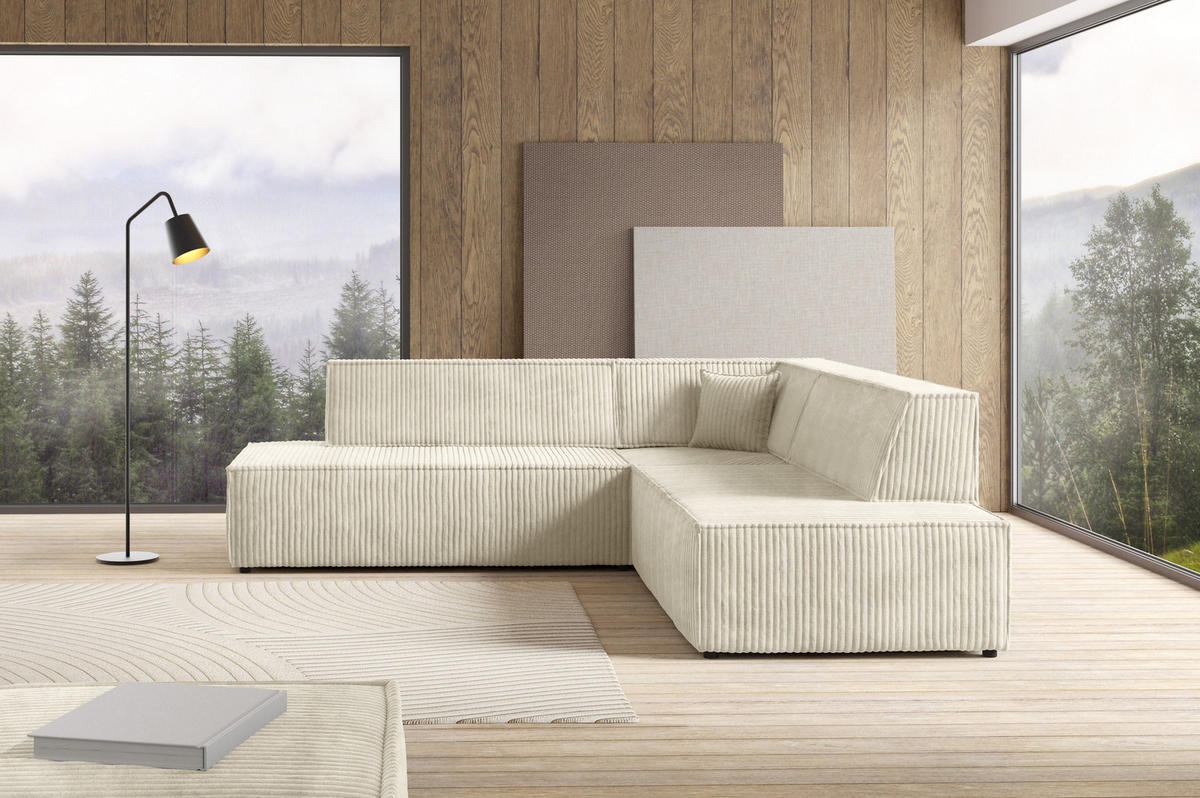 ECKSOFA TESSO II R-S Creme Kordstoff mit Schlaffunktion - Creme, Holz (254/254cm) - MASSENO