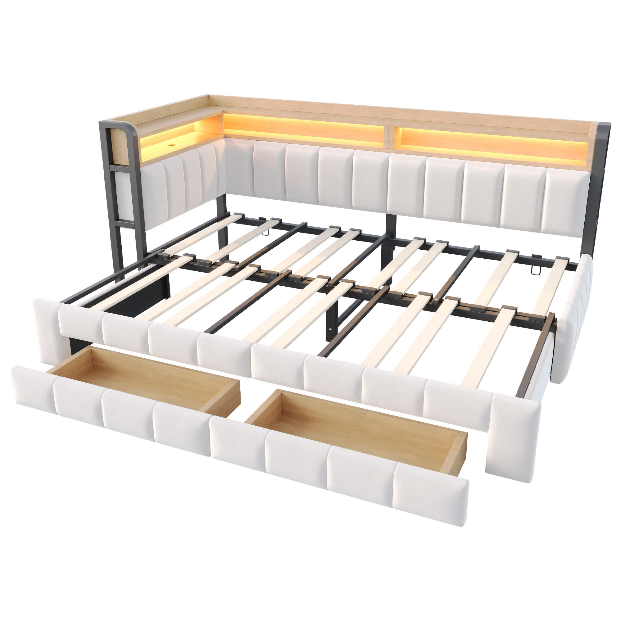AUSZIEHBETT 90/180/200 cm DE-32703 mit Stauraum und LED Beige - Beige, Metall (90/200cm) - ComfortXL