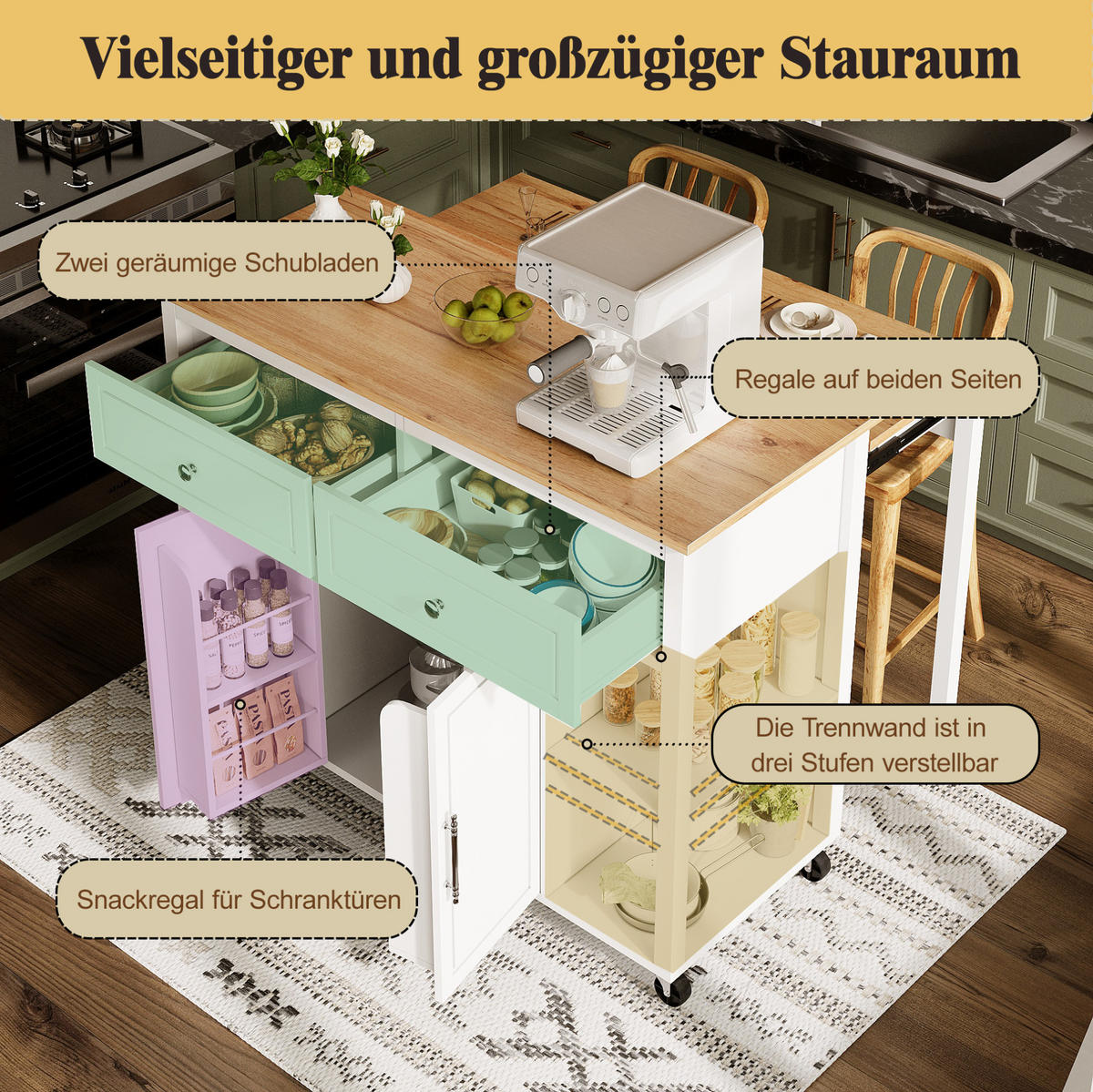 MOBILER Servierwagen 120x81.5x92cm Weiß mit 2 Schubladen & 7 Rollen - Weiß, Holzwerkstoff (120/92/81.5cm) - Modfu