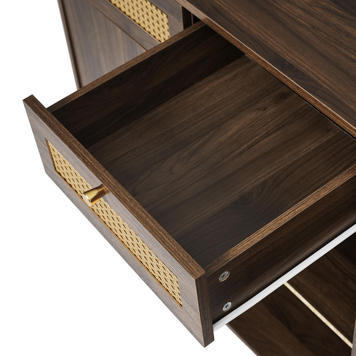 SIDEBOARD Nussbaum, Rattanfronten, Goldgriffe 3 Schubladen, 2 Schränke, Höhenverstellbare Einlegeböden - Walnussfarben, Holzwerkstoff (120/85/40cm) - Urban Meuble