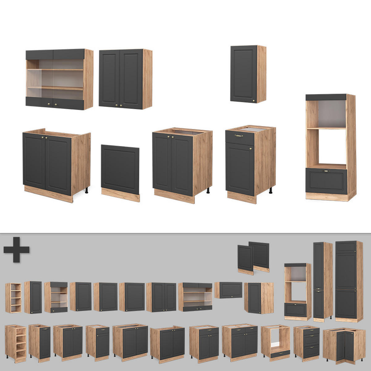 KÜCHENZEILE Fame-Line Anthrazit Landhaus/Goldkraft Eiche 300 cm AP Marmor - Dunkelgrau/Eiche Wotan, Holzwerkstoff (300/81.6/60cm) - Vicco