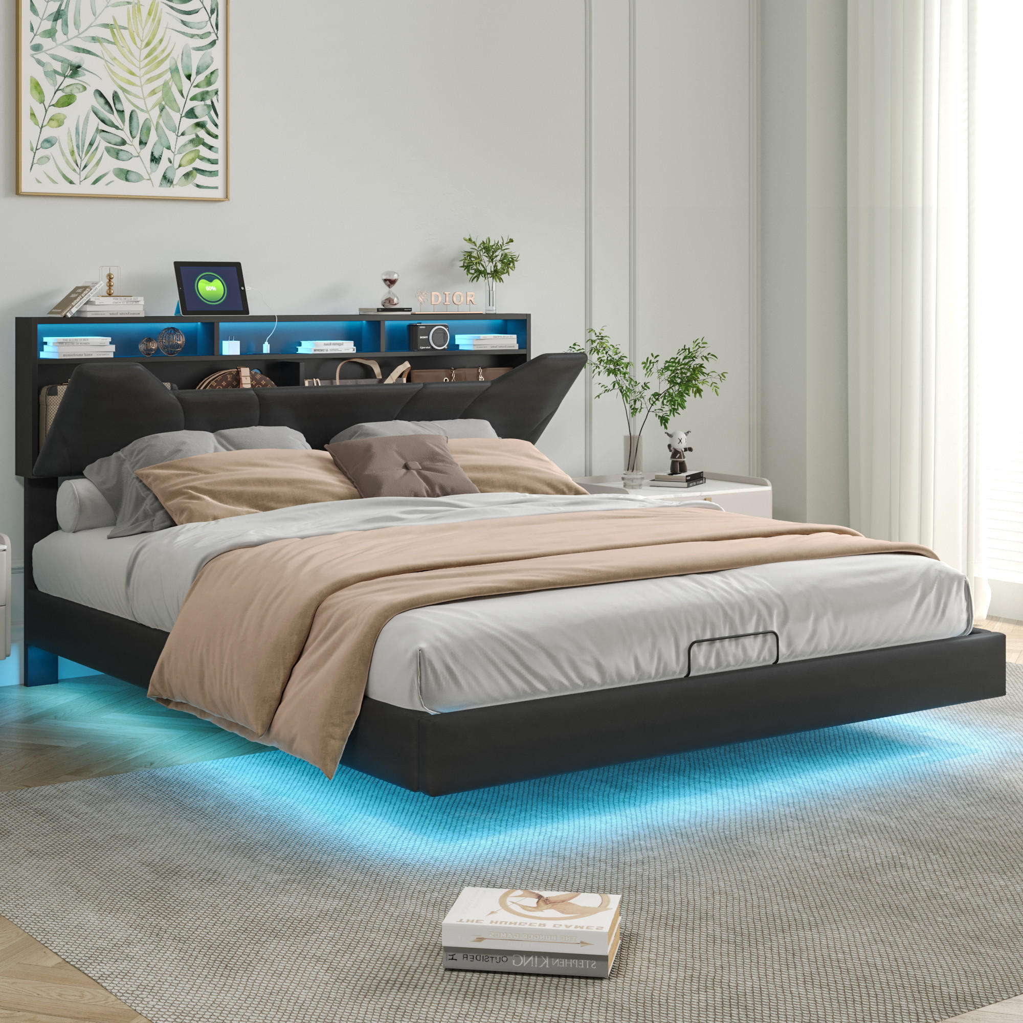 POLSTERBETT 140x200 cm, Schwarz, LED-Beleuchtung und USB - Schwarz, Textil/Metall (140/200cm)