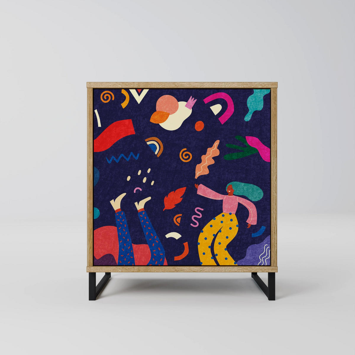 SIDEBOARD FESTIVE PLEASURES, Eichefarben, 57,5x42x70,5 cm, Schwarze Metall-Sternfüße - Eichefarben/Multicolor, Holzwerkstoff/Metall (57.5/70.5/42cm) - SpaceRebels