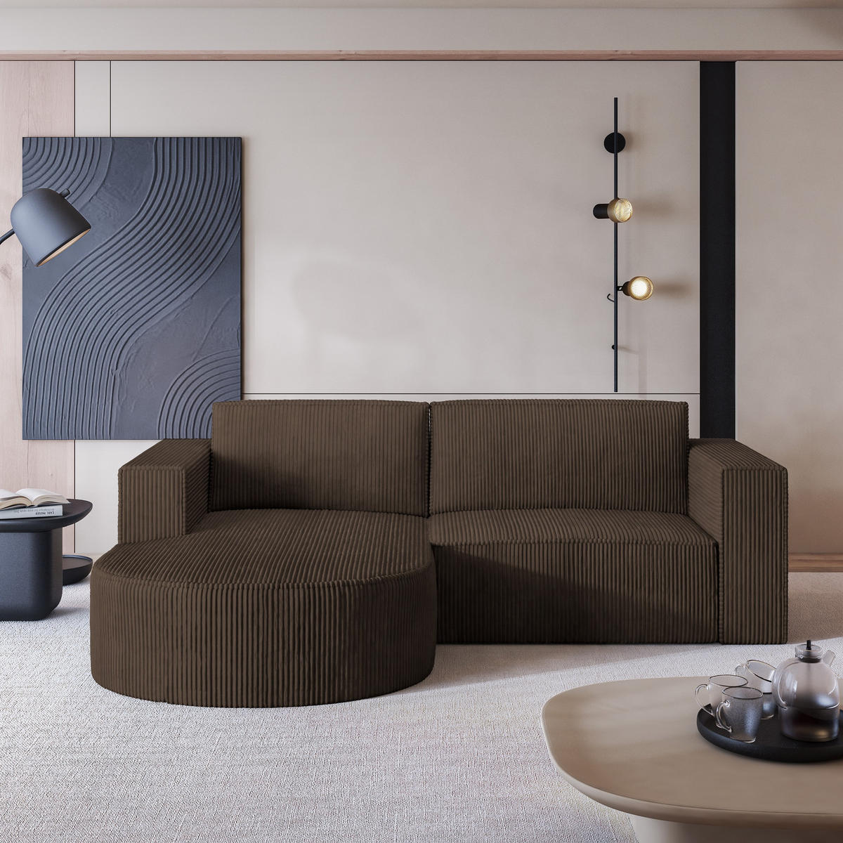 ECKSOFA SORELA P L-S Braun Kordstoff mit Schlaffunktion - Braun, Holz (263/174cm) - MASSENO