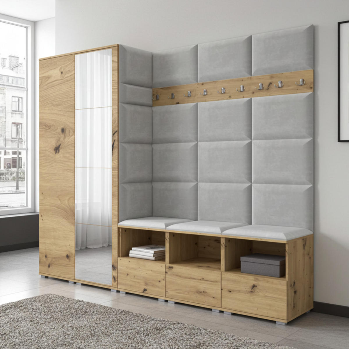 GARDEROBE NELA VII 250 cm (Modulare Flurmöbel XL Artisan Eiche mit Spiegel & Sitzpolster Hellgrau 32 Universell) - Silberfarben/Hellgrau, Holz/Holzwerkstoff (250/187/40cm) - Ravio
