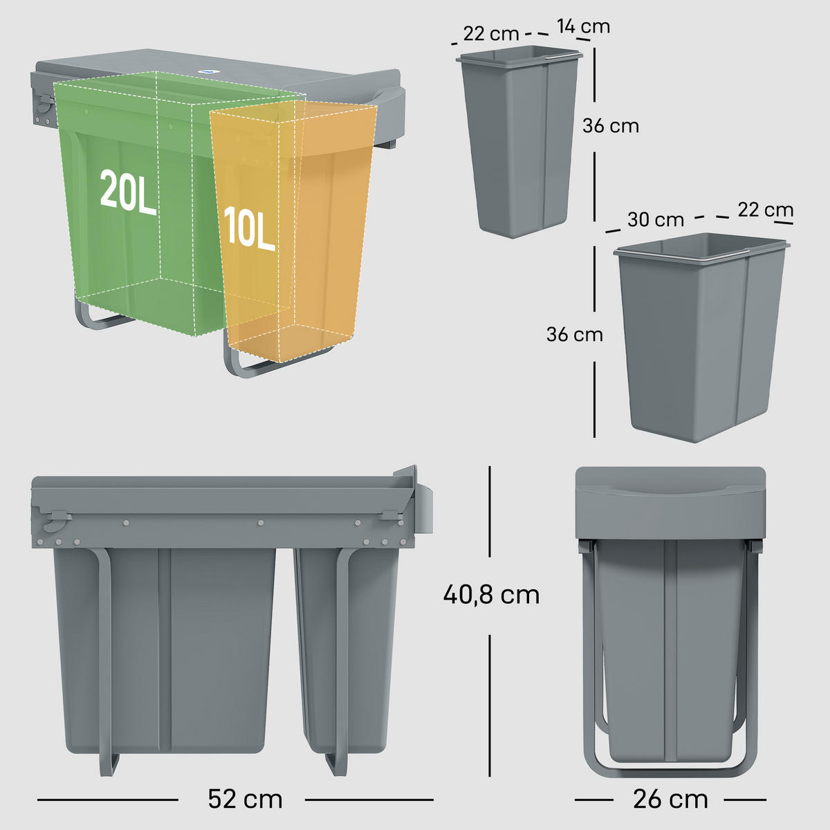 MÜLLTRENNSYSTEM Grau Soft-Close Ausziehbar 30L - Grau, Kunststoff (52/40.8/26cm) - PANGIVO