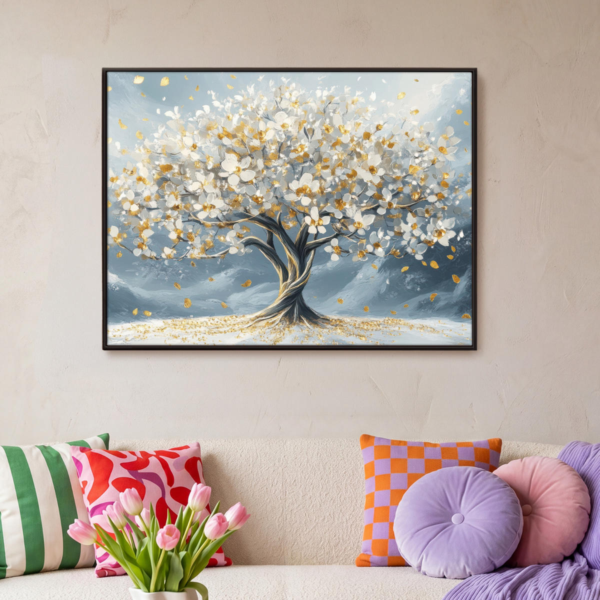 LEINWAND Bilder mit Rahmen - Baum - Winter - Baum des Lebens - Modern - Gold - 100x70 - Goldfarben, Textil (100/70cm) - MuchoWow