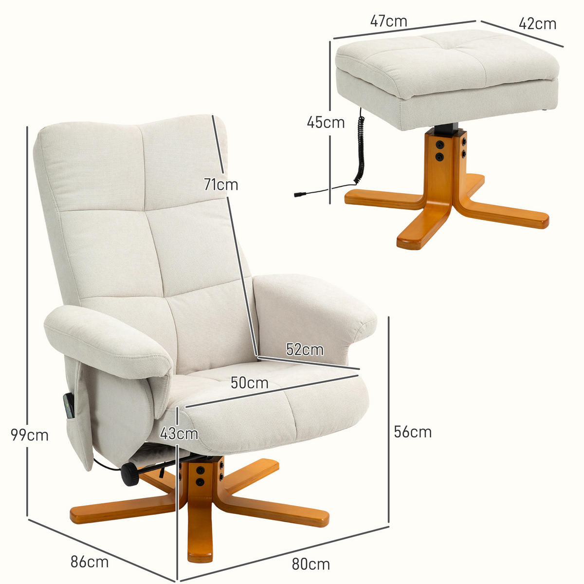 RELAXSESSEL Massagesessel mit Hocker Fernsehsessel mit Liegefunktion Cremeweiß - Creme/Braun, Holz/Textil (86/99/80cm) - HOMCOM
