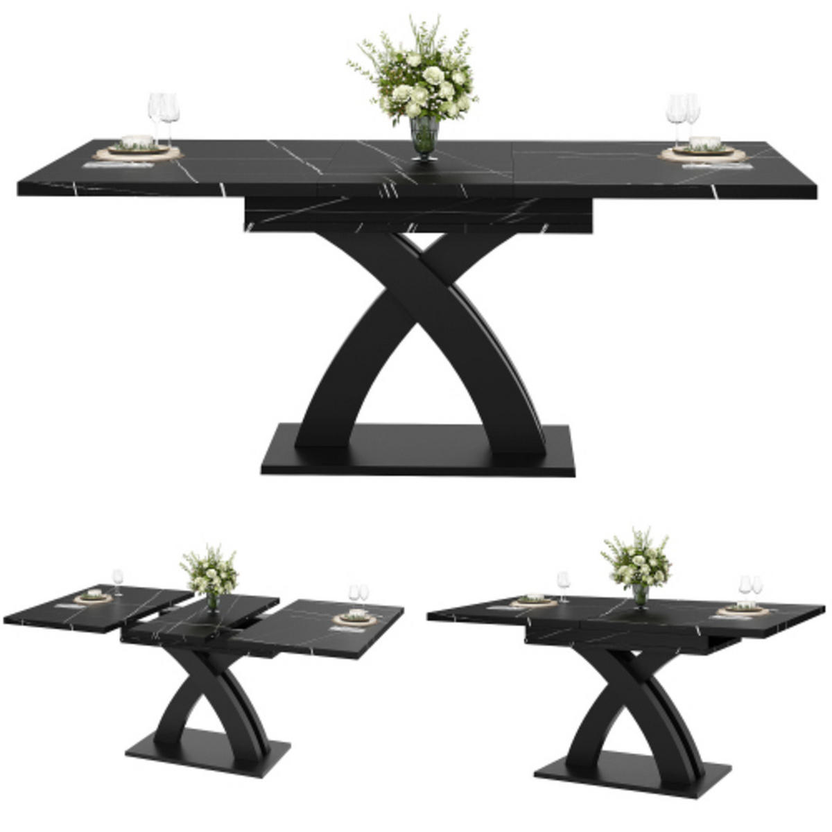 ESSTISCH 120-160×80×76 cm Ausziehbarer aus MDF und Metall mit X-förmigen Metallstreben, schwarz-weiße Musteroptik - Schwarz, Holzwerkstoff (160/80/76cm) - Luhomfu