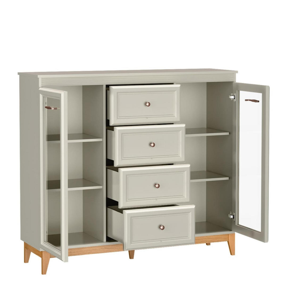 VITRINE Windsor Kaschmir, Breite Viertürige Vitrineschrank mit Schubladen - Kaschmir, Holzwerkstoff (142/126/41cm) - Bettso