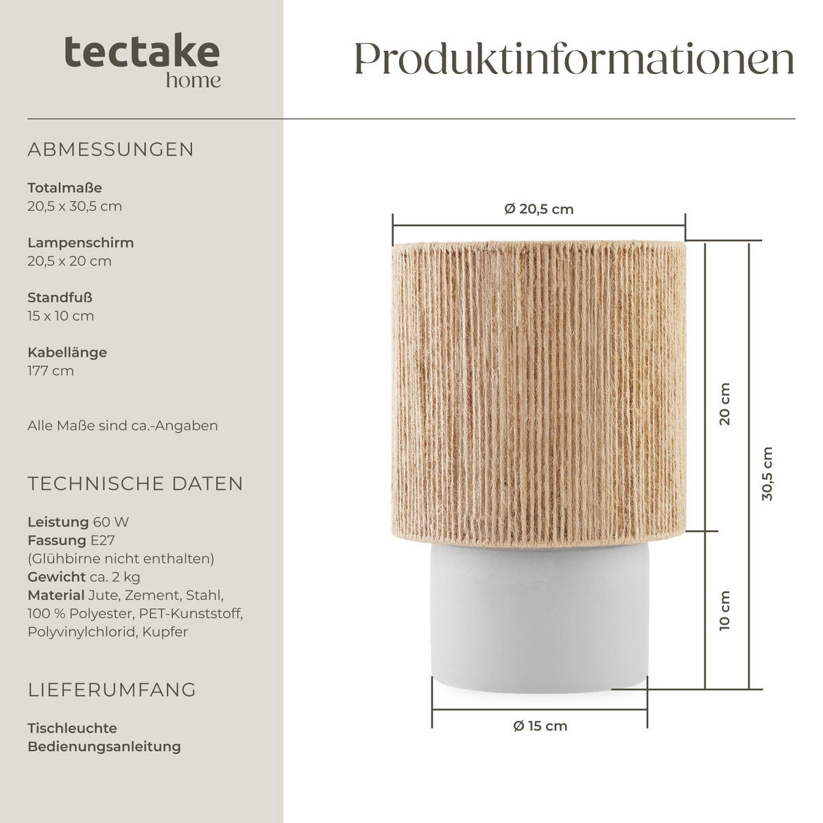 TISCHLEUCHTE Klea aus Jute, Zementfuß mit Schaumstoffschoner, 20,5 x 30,5 cm, natur - Naturfarben, Metall (20.5/20.5/30.5cm) - tectake