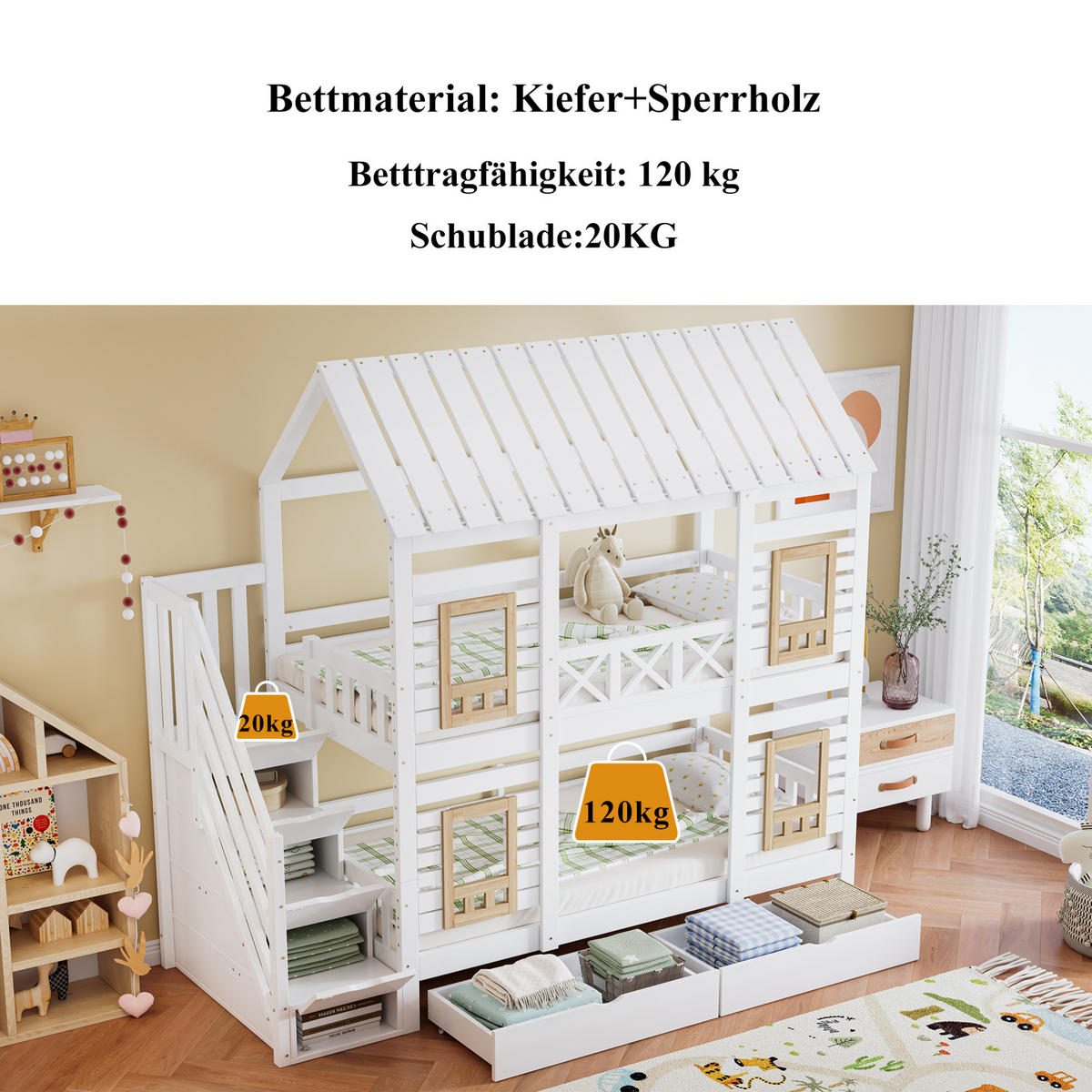 ETAGENBETT 90/200 cm mit Stauraumtreppe, Fenstern und 2 Schubladen, Weiß/Natur - Weiß, Holz (90/200cm) - Redom