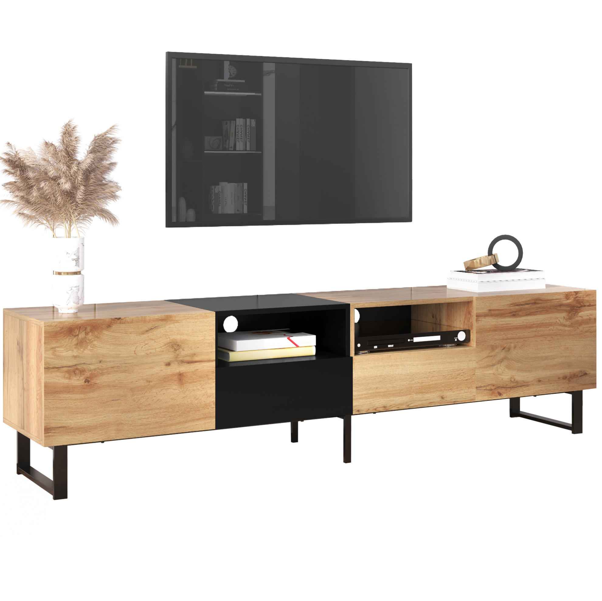 LOWBOARD 190/38/48 cm Schwarz/Naturholz aus MDF mit 2 Türen und 2 Schubladen - Naturfarben, Holzwerkstoff (38/48/190cm) - OKMYHOME