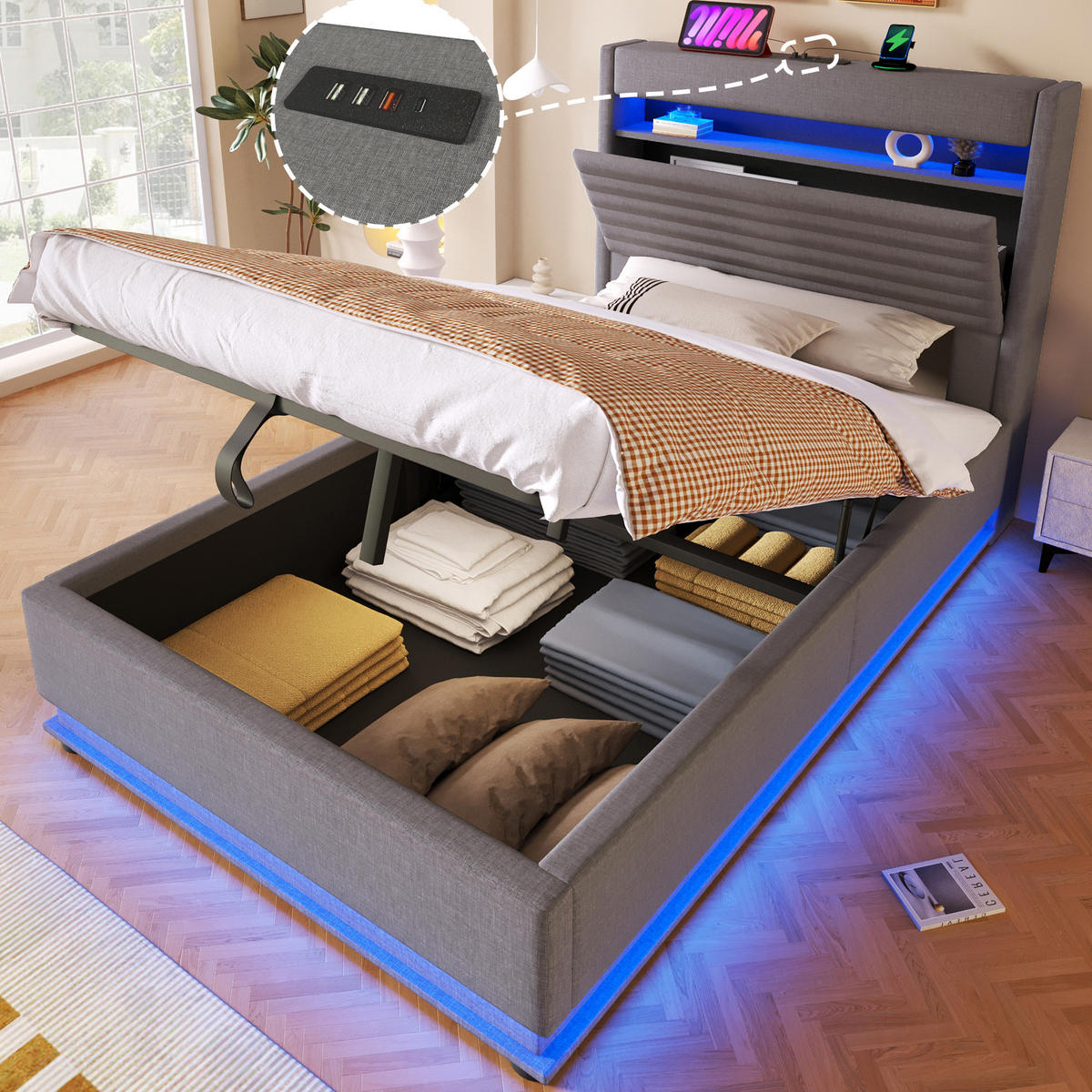 POLSTERBETT 90/200 cm aus Leinen mit LED-Beleuchtung und USB-Typ-C-Ladefunktion Grau - Flieder, Textil (90/190cm) - Modenvie