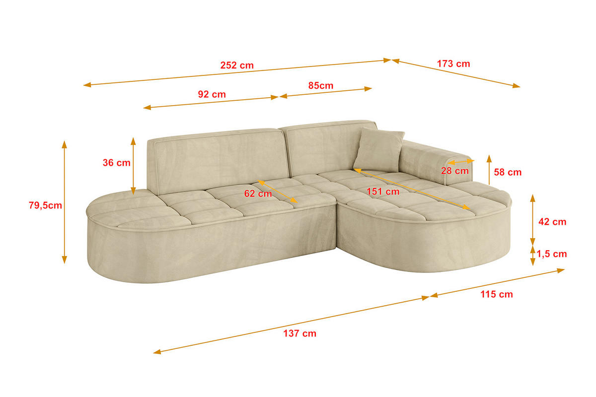 ECKSOFA Ottomane Rechts LIVO-L1 - 252x173x79,5 cm Beige - Beige, Holzwerkstoff/Textil (252/173cm) - ALTDECOR