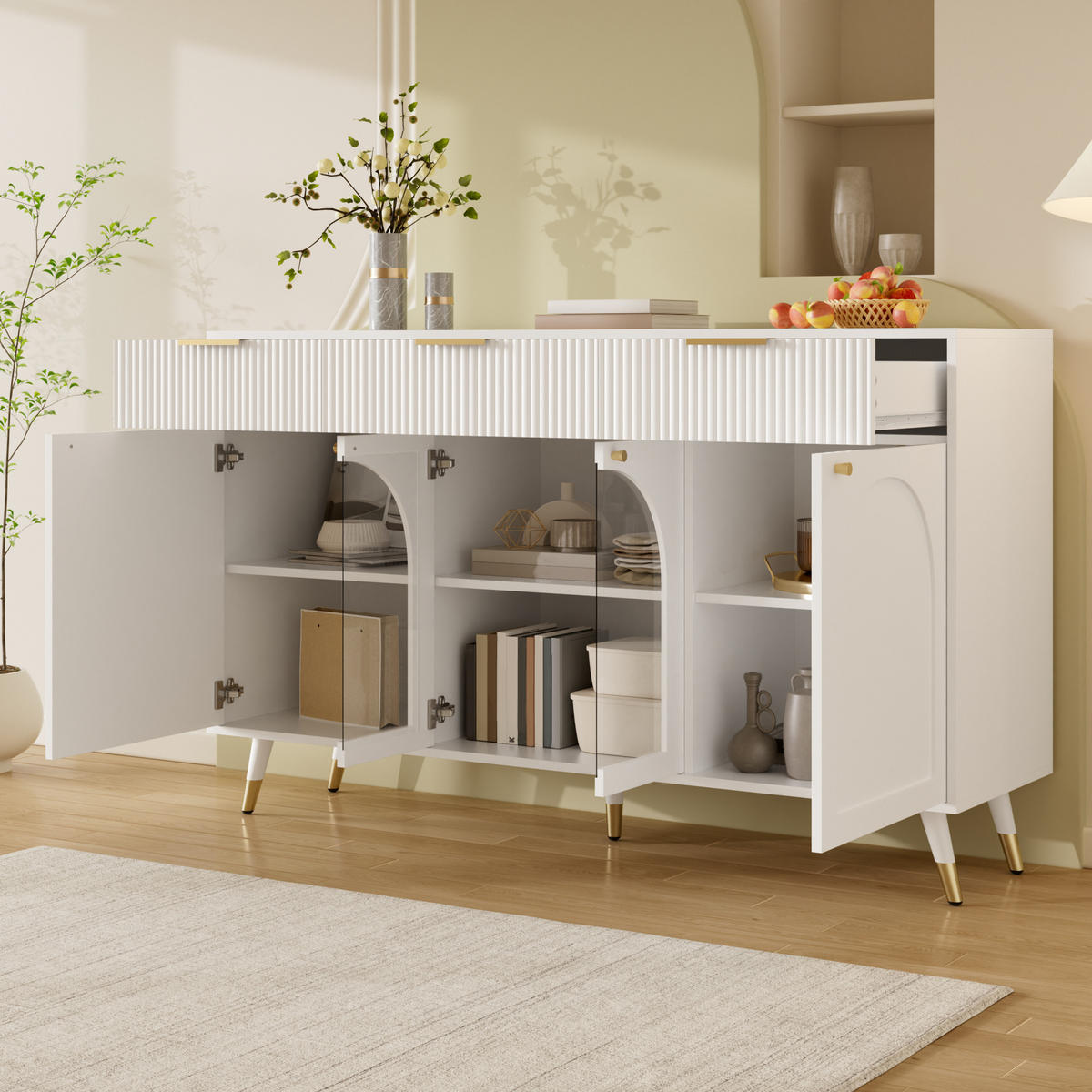 SIDEBOARD 140x40x85.5cm Weiß mit Acryl-Türen - Weiß, Holzwerkstoff (140/85.5/40cm) - FLIEKS