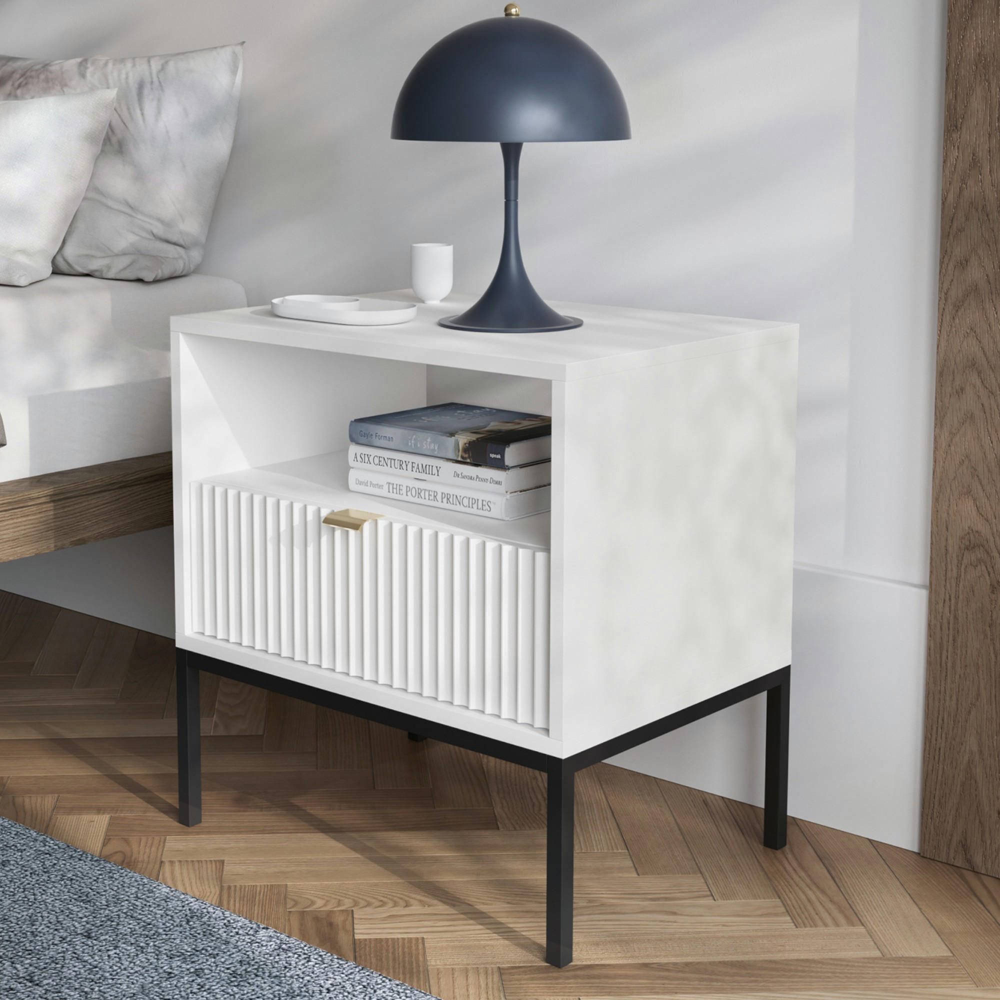 NACHTTISCH NANAIMO STO2-1S Profilierte Fronten, Weiß - Weiß, Holzwerkstoff/Kunststoff (54/56/39cm) - Komodee