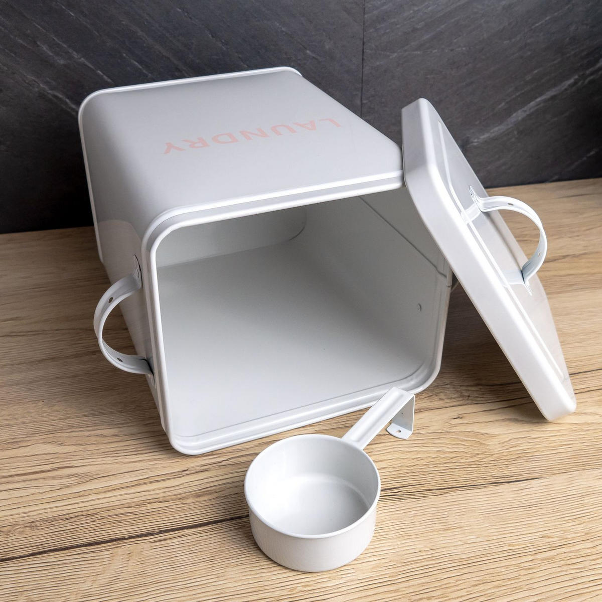 WASCHMITTEL AUFBEWAHRUNGSBOX mit Deckel und Dosierlöffel - Weiß, Metall (18/25/28cm) - Intirilife