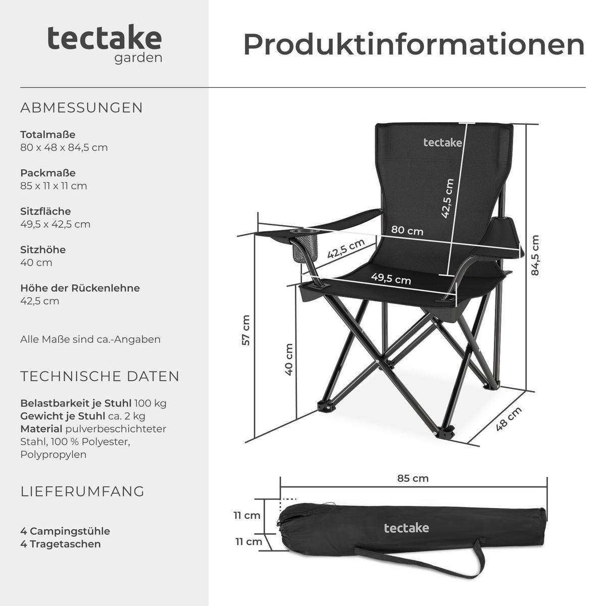 SET CAMPINGSTUHL Gil, 80 x 48 x 84,5 cm, schwarz - Schwarz, Metall (48/84.5/80cm) - tectake
