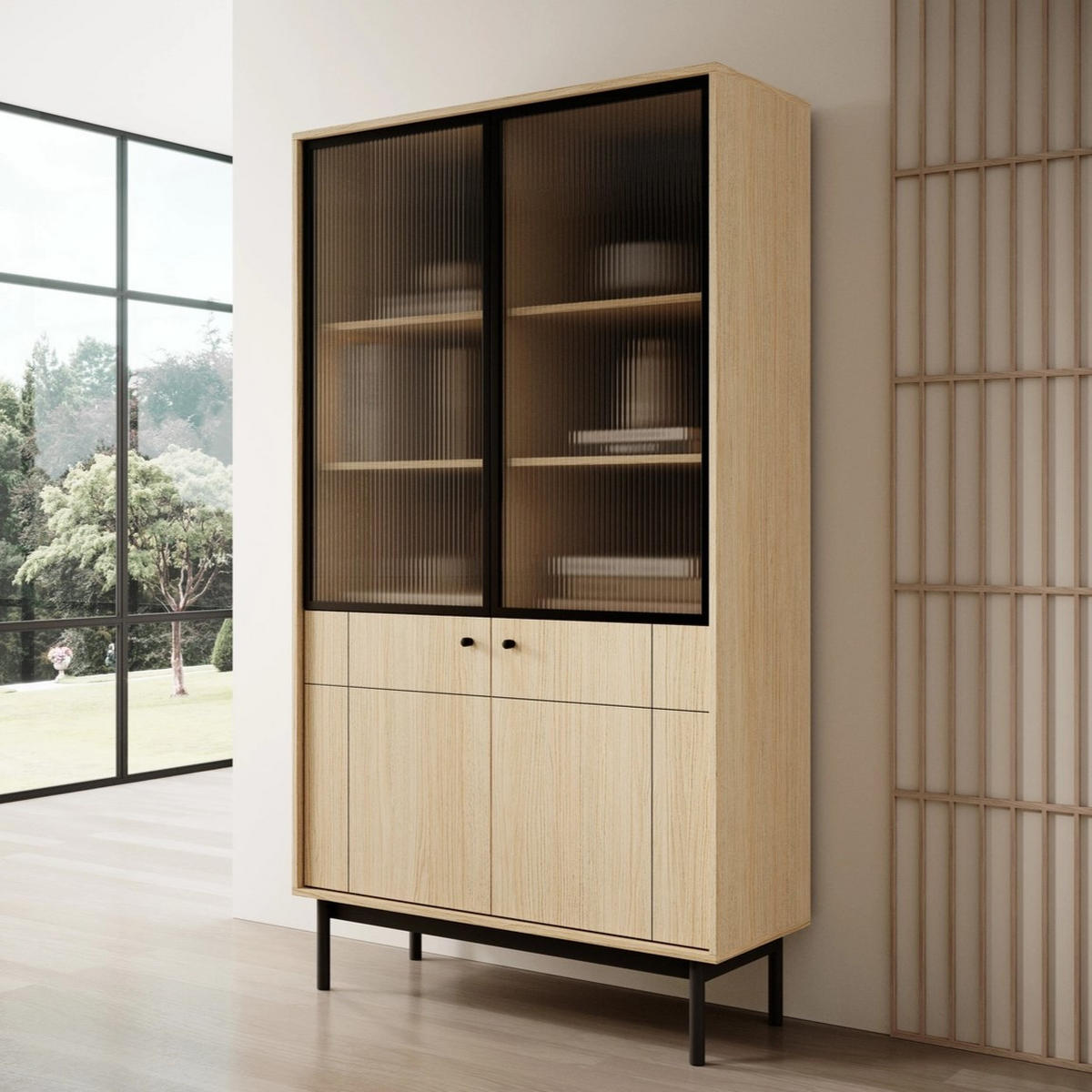 VITRINE SORA W4D (Eiche Linea, Gefräste Front, Riffelglas, Haefele Soft-Close, Holzfüße) - Eichefarben/Schwarz, Glas/Holz (104/185/39cm) - Ravio