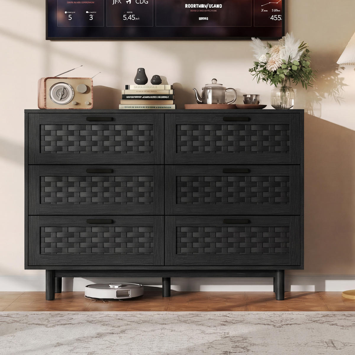 SIDEBOARD in Schwarz mit 6 Schubladen & Rattan-Imitation - Schwarz, Holzwerkstoff (40/80/115cm) - SHOPENTRA