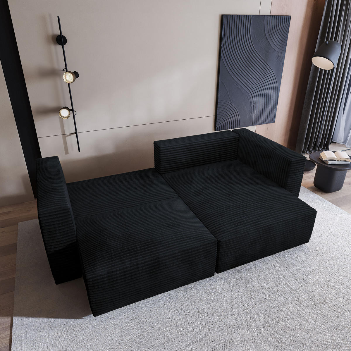 ECKSOFA NERIO Schwarz Kordstoff mit Schlaffunktion - Schwarz, Holz (245/148cm) - MASSENO