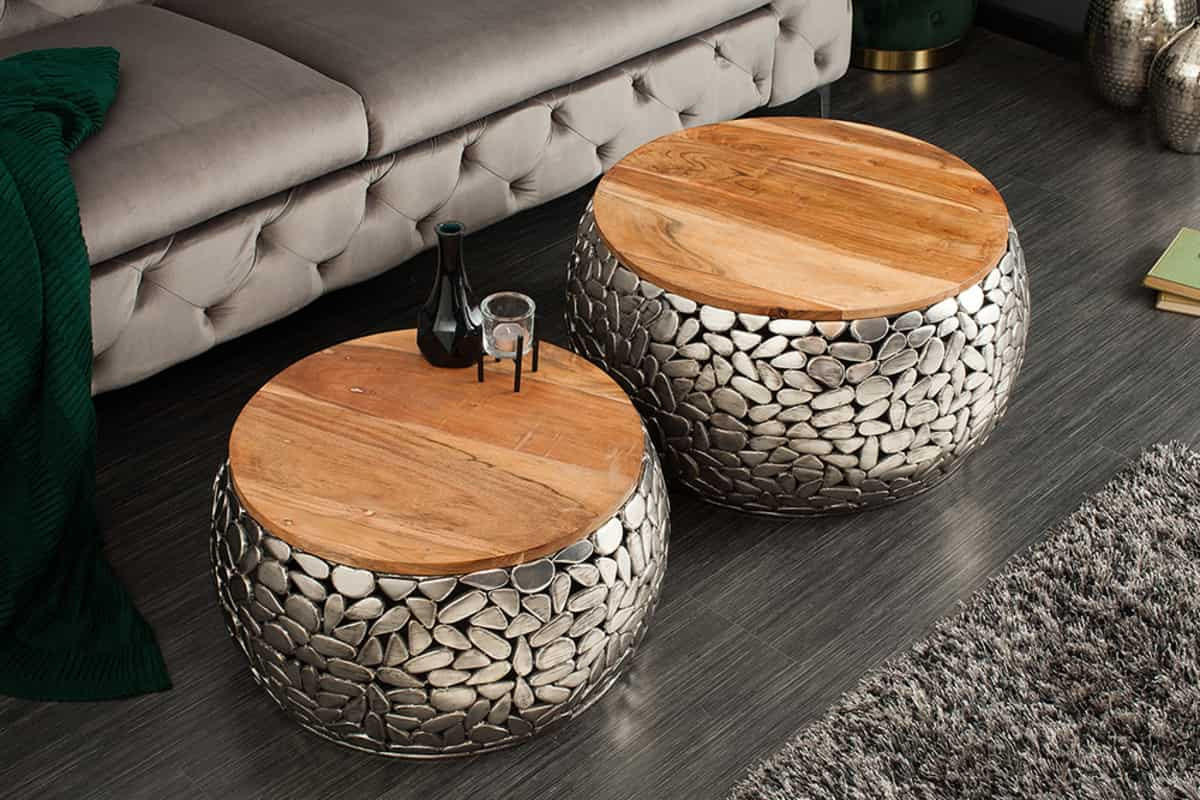 COUCHTISCH STONE MOSAIC Mango Silber 65 cm - Silberfarben/Braun, Holz/Metall (65/65/35cm) - riess-ambiente