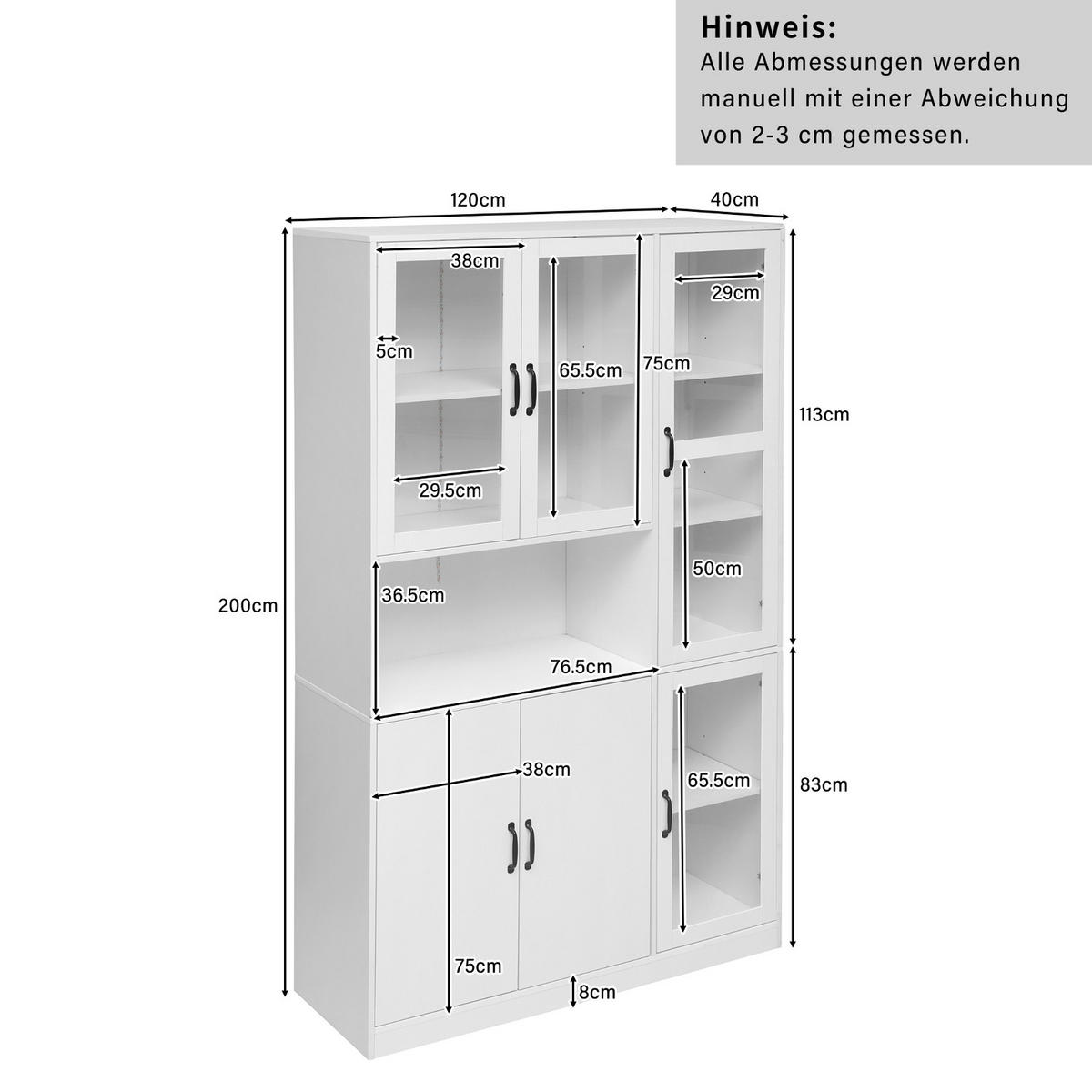 KÜCHENSCHRANK 120/200/40 cm, MDF und Glas, Weiß, MIT LED-BELEUCHTUNG, für Wohnzimmer und Esszimmer - Weiß, Holzwerkstoff (40/200/120cm) - Rolipo