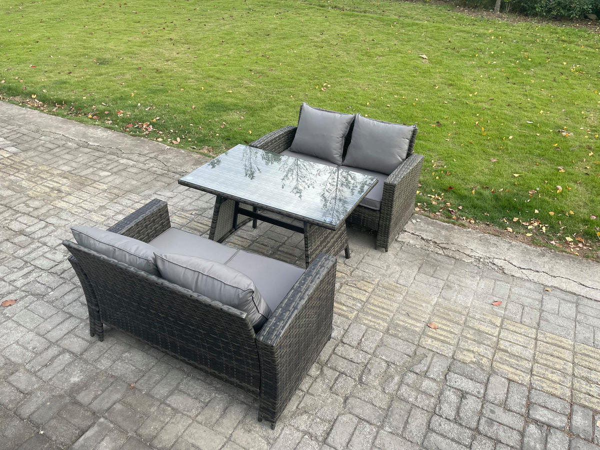 GARTENMÖBELSET mit ESSTISCH,HOCHLEHNER-SOFA Polyrattan Dunkelgrauer Mix 4-Sitzer - Dunkelgrau/Grau, Glas/Kunststoff - Fimous