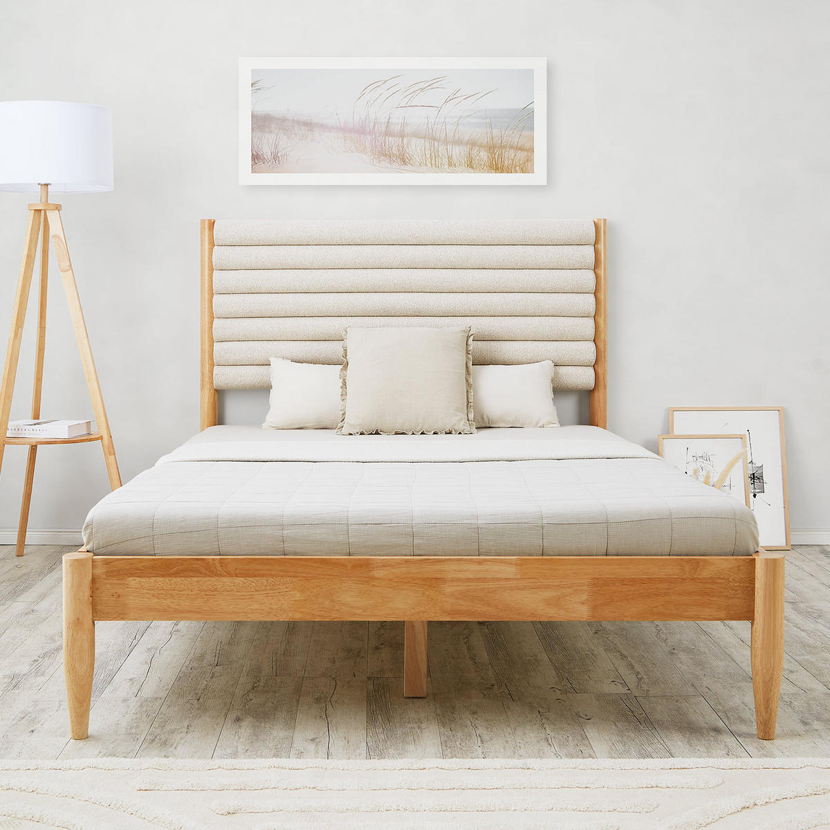 HOLZBETT Bouclé 140/200 Kopfteil - Beige, Holz/Textil - Homestyle4u