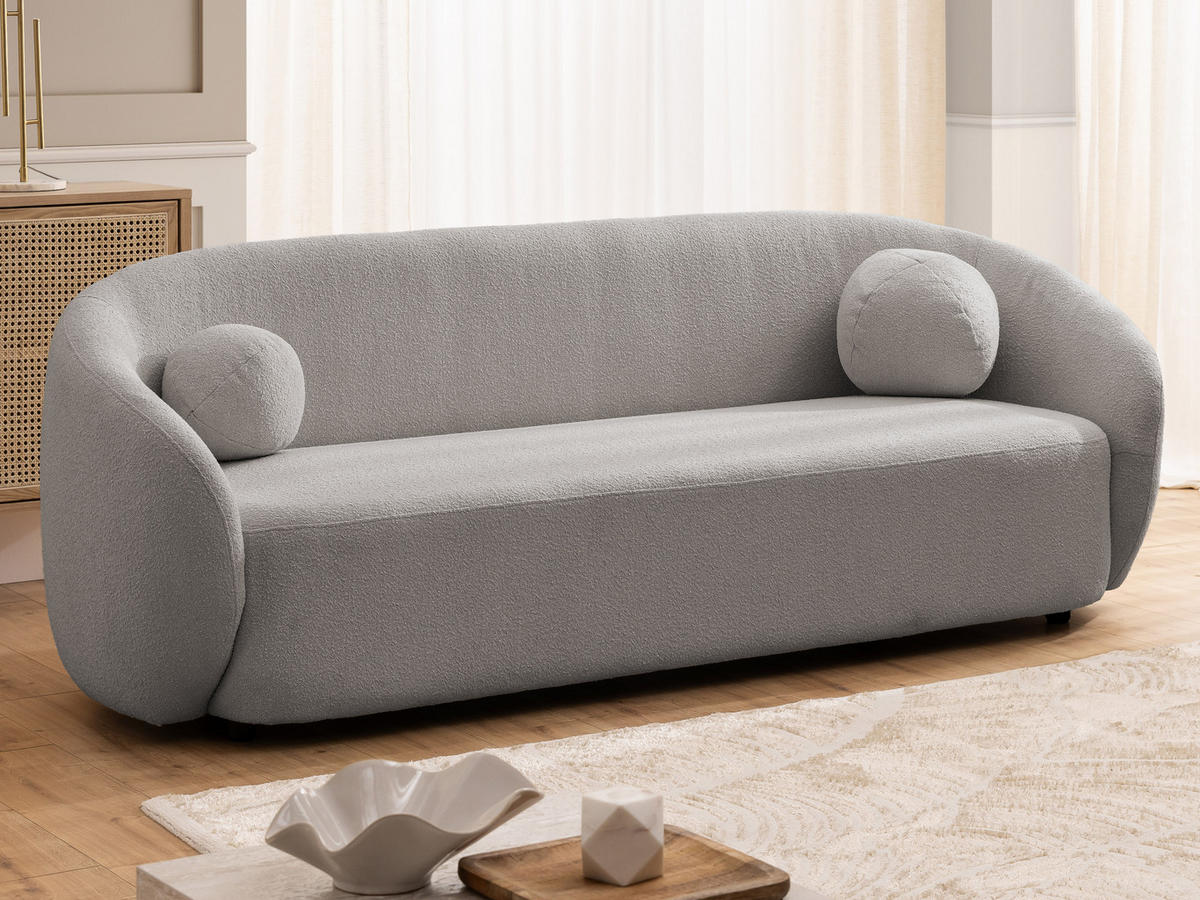 SITZGARNITUR 3+2 Roundi Grau Bouclé - Schwarz/Grau, Holz/Kunststoff (208/76/80cm) - S-Style Möbel