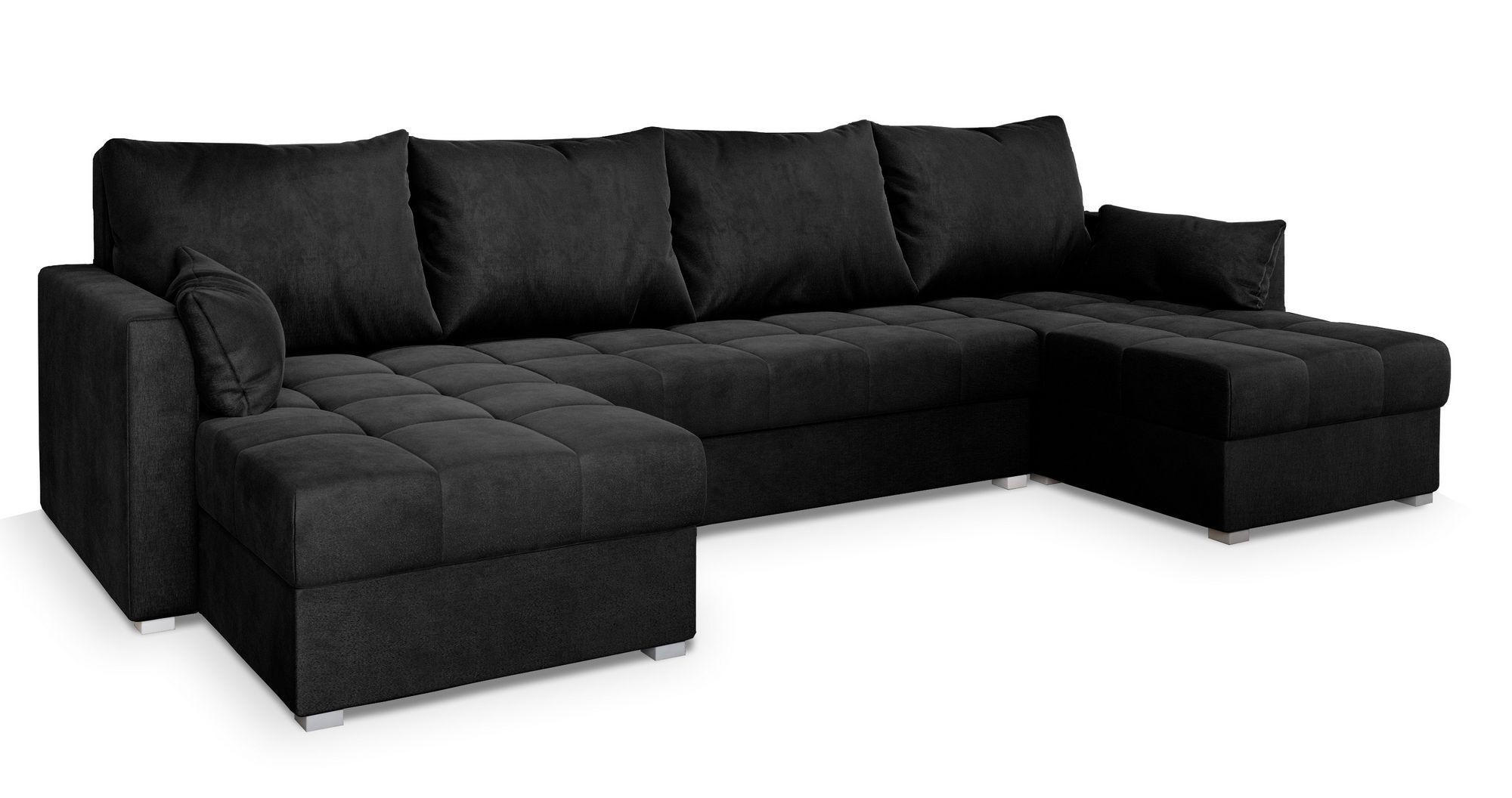 WOHNLANDSCHAFT NAKO M Schwarz Velours-Stoff mit Schlaffunktion - Schwarz, Holz (285/85/140cm) - MASSENO