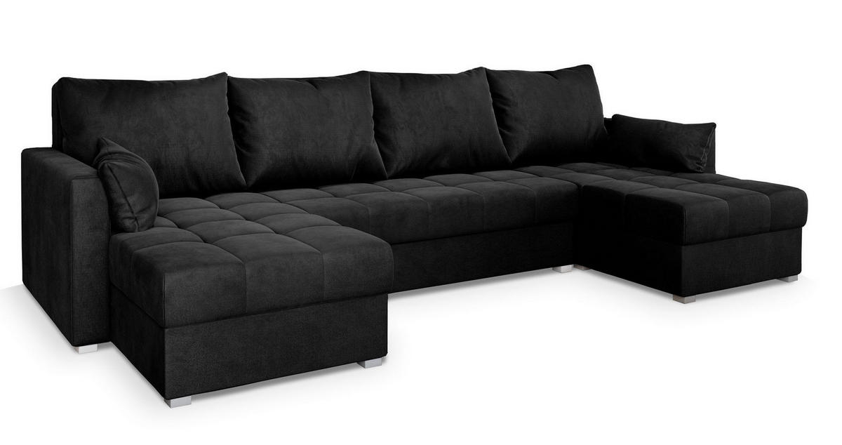 WOHNLANDSCHAFT NAKO M Schwarz Velours-Stoff mit Schlaffunktion - Schwarz, Holz (285/85/140cm) - MASSENO