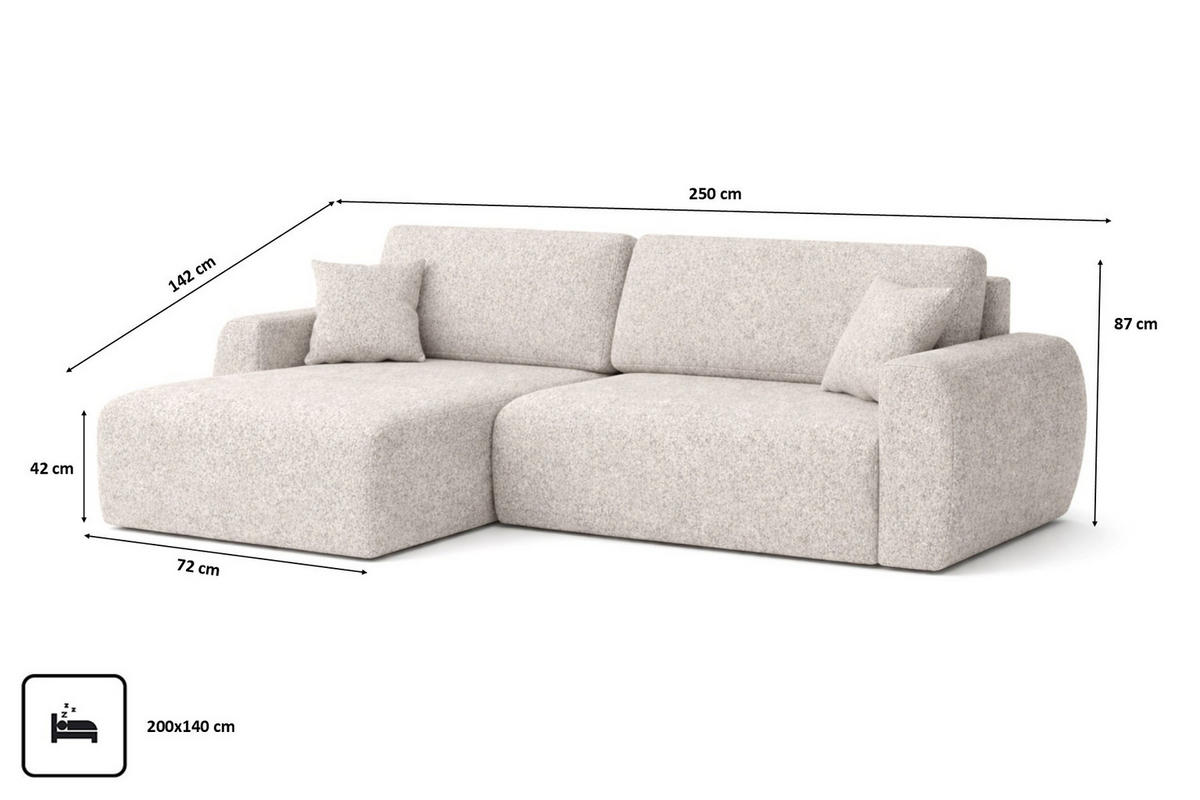 ECKSOFA Mit Schlaffunktion Ariel L, Chenille, Stoff Artico, Beige, Links - Creme, Holz (250/142cm) - Kaiser Möbel