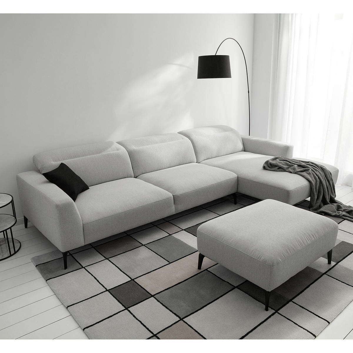 ECKSOFA mit Longchair - Hellgrau/Schwarz, Textil/Metall (328/180cm) - home24