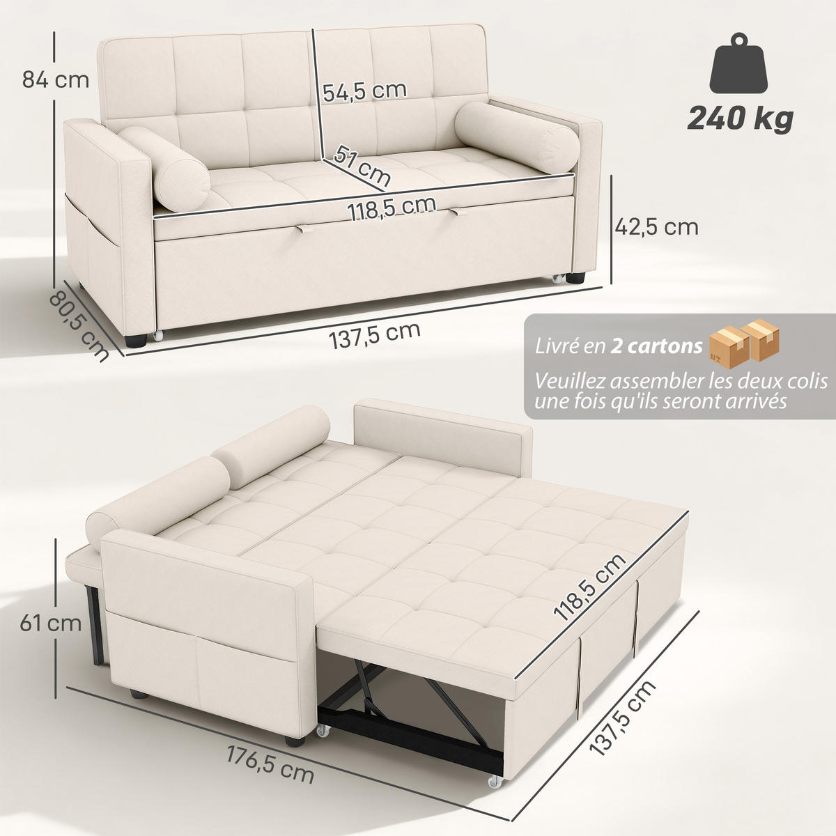 SCHLAFSOFA 2-Sitzer DE-14660 3-in-1 & 7-fach verstellbar Beige - Beige, Metall (137.5/84/80.5cm) - ComfortXL