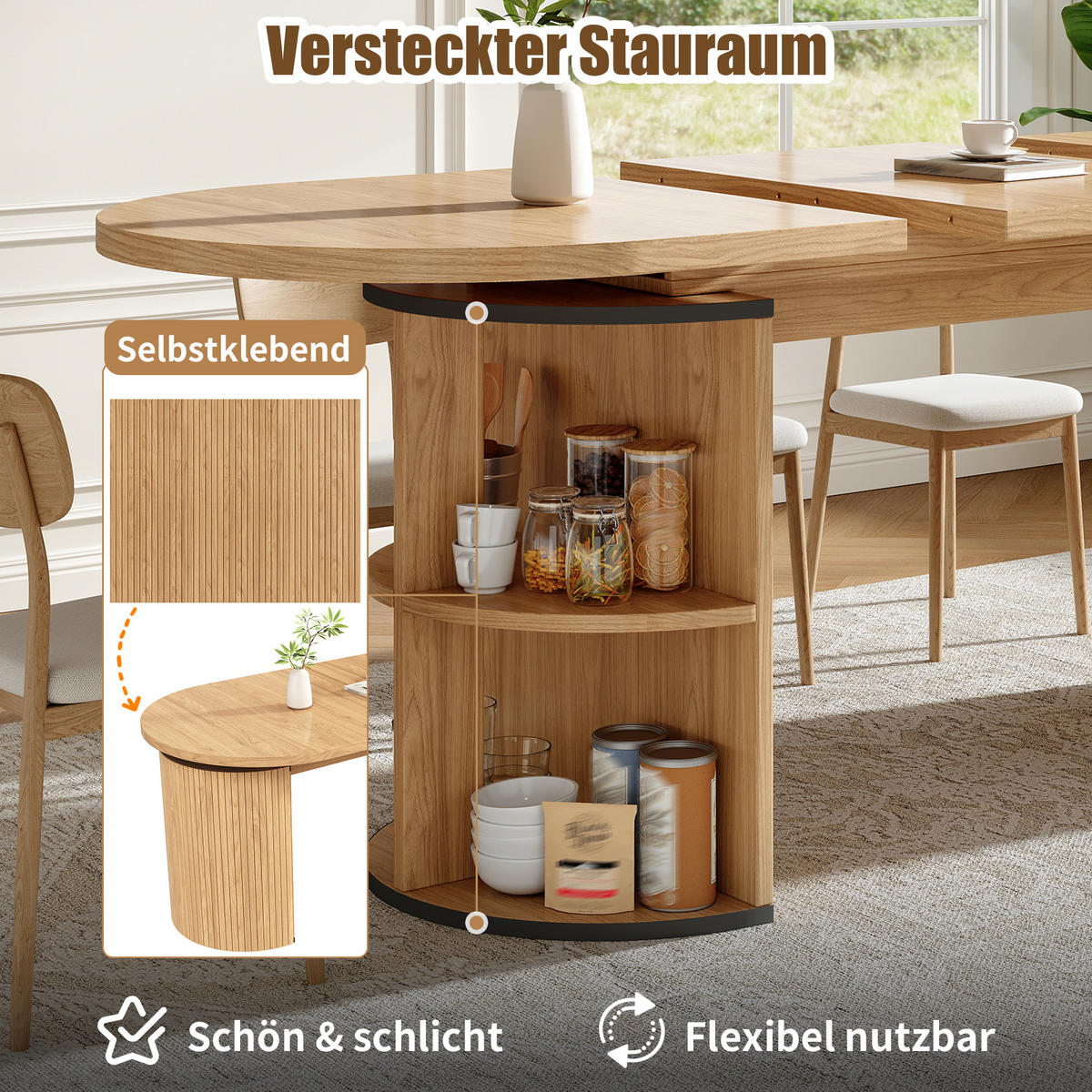 ESSTISCH in Natufarben Ausziehbarer Küchentisch mit verstecktem Stauraum, für Küche, Arbeitszimmer und Wohnzimmer - Hellbraun, Holzwerkstoff/Metall (160/80/76cm) - STILVORA