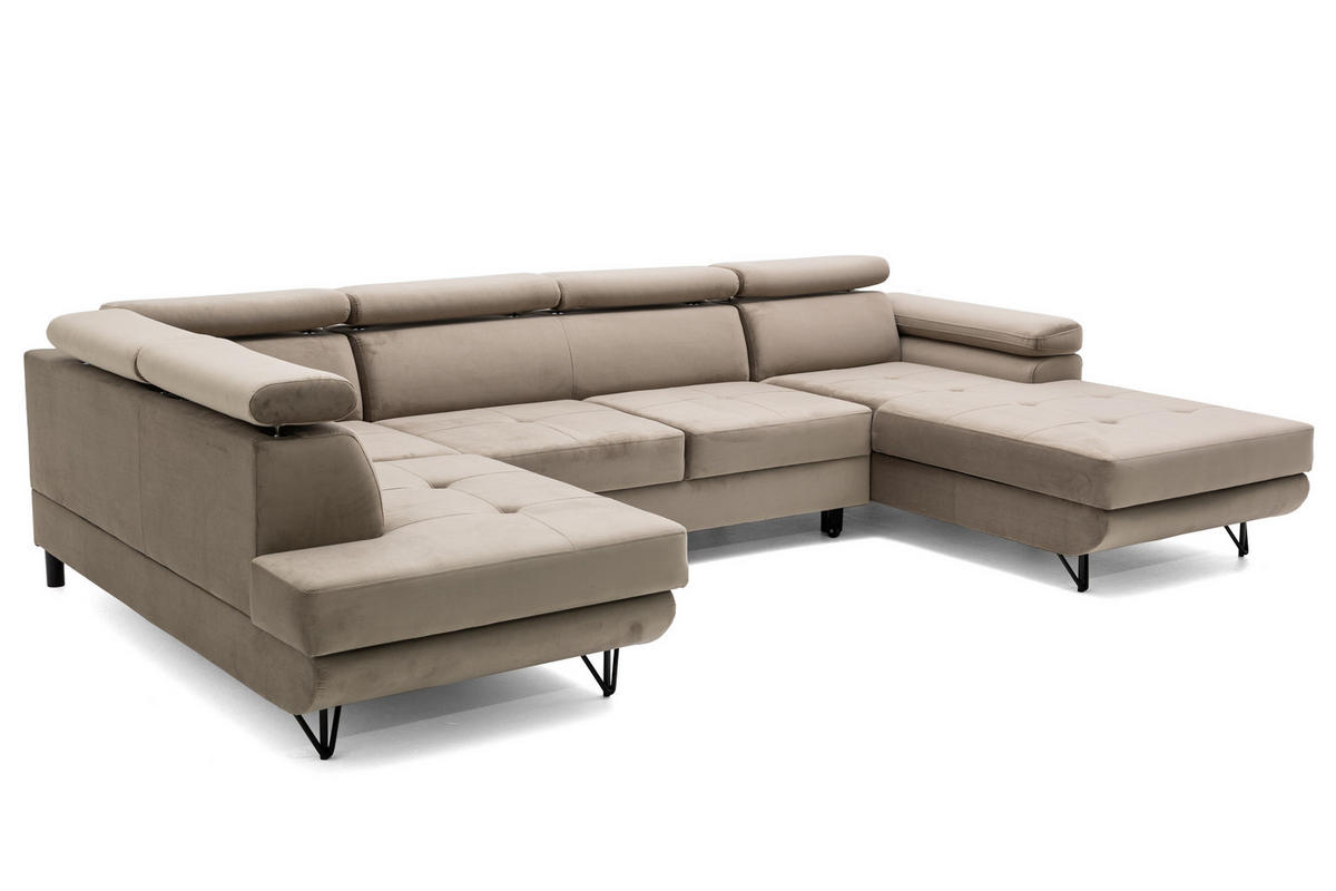 ECKSOFA U-Form JUNIOR U Links mit Schlaffunktion 128x254 Velours Beige - Beige/Schwarz, Holz/Textil (323/90/184cm) - Muffo