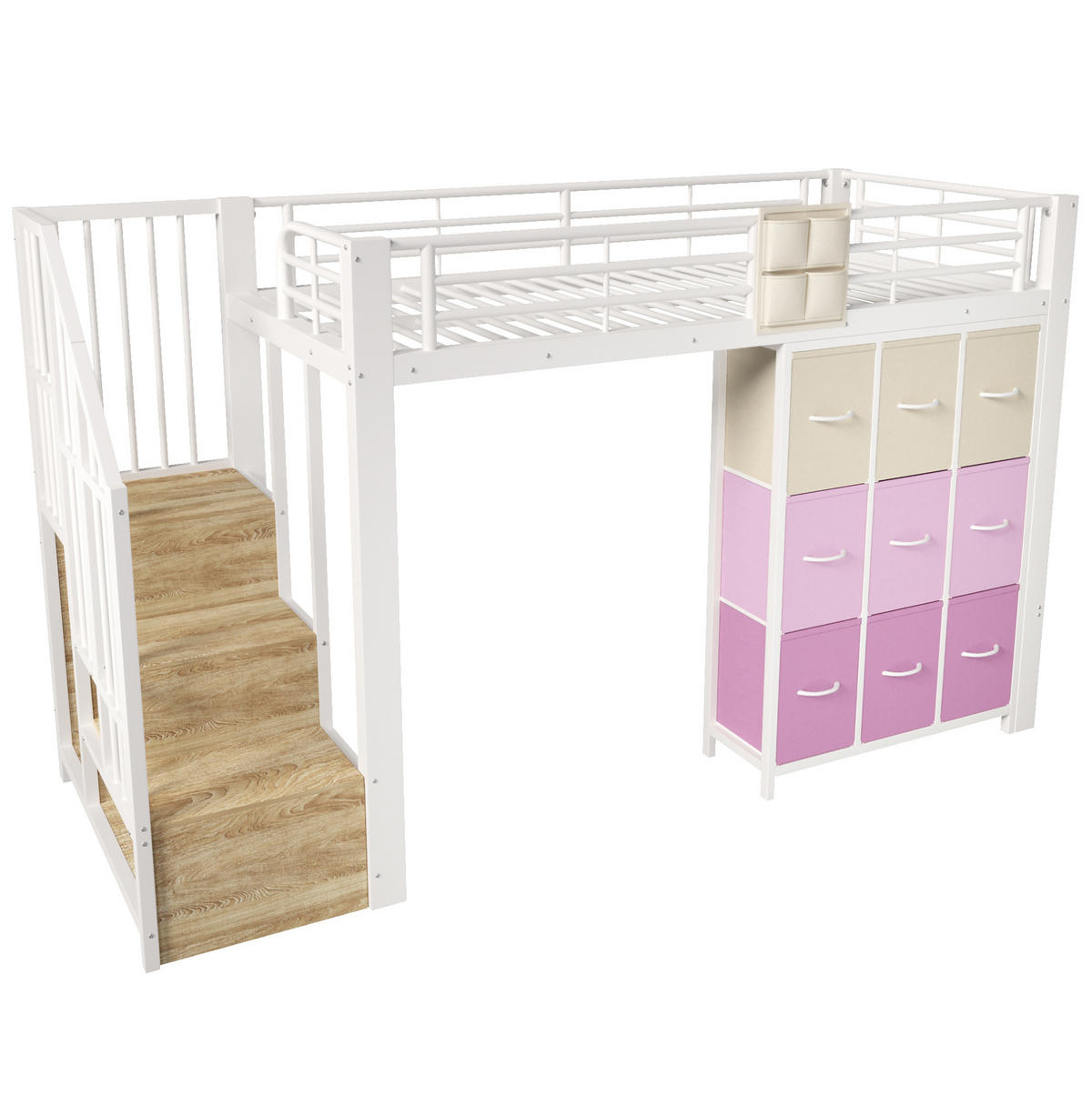 HOCHBETT 90x200 cm in Weiß mit Stauraumtreppe, Kommode und Kleiderstange - Weiß, Holzwerkstoff (90/200cm) - IVMEU