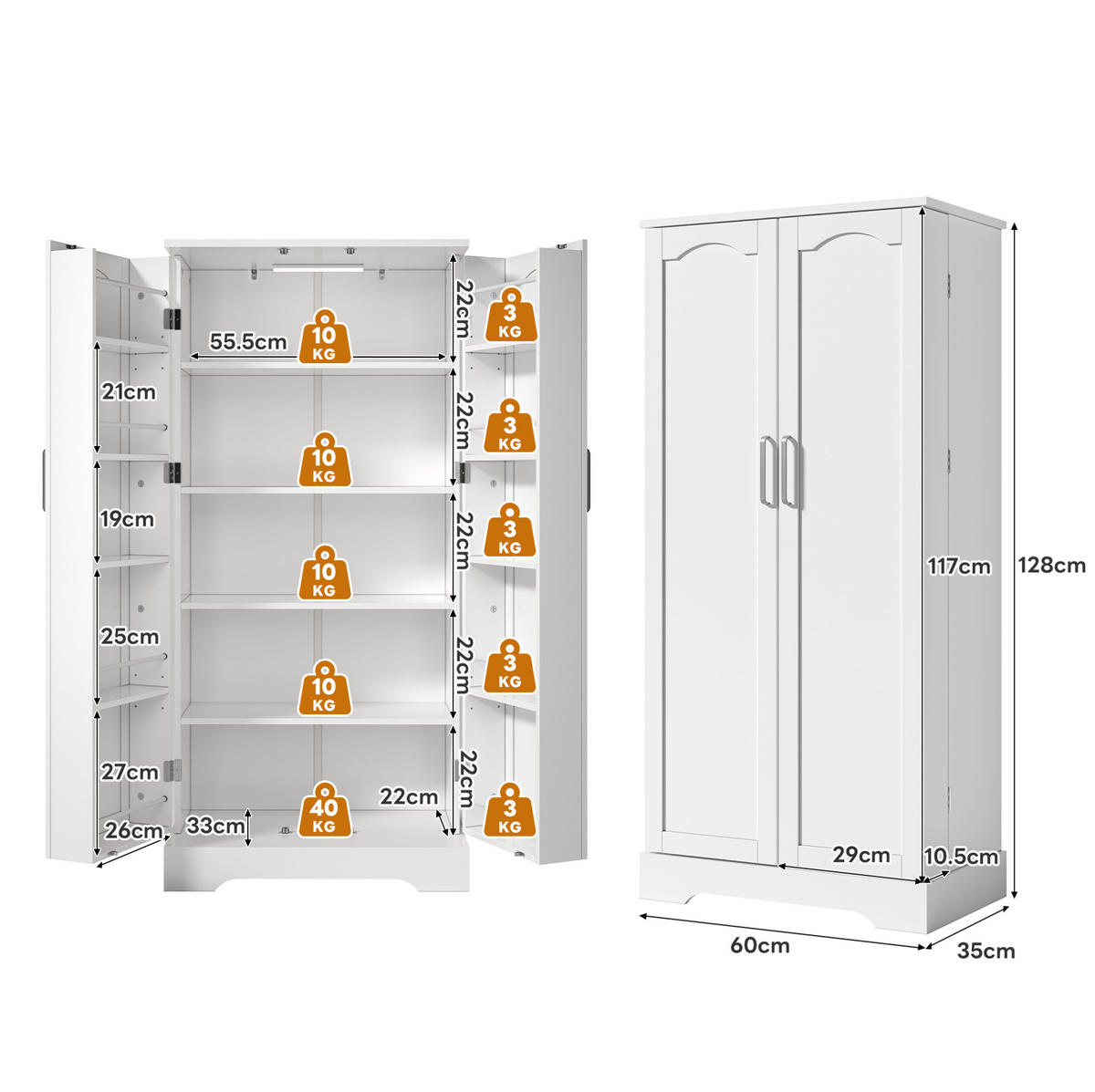 KÜCHENSCHRANK aus MDF 60x35x128 cm Weiß mit LED-Sensorleuchte und verstellbaren Einlegeböden - Weiß, Holzwerkstoff (60/128/35cm) - IVMEU