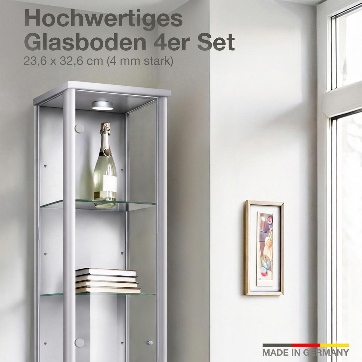 GLASBODEN 4er Set 23,6/32,6/0,4 cm für Standvitrinen 1-türig Erweiterungsset - Transparent, Glas (32.6/0.4/23.6cm) - K-Möbel