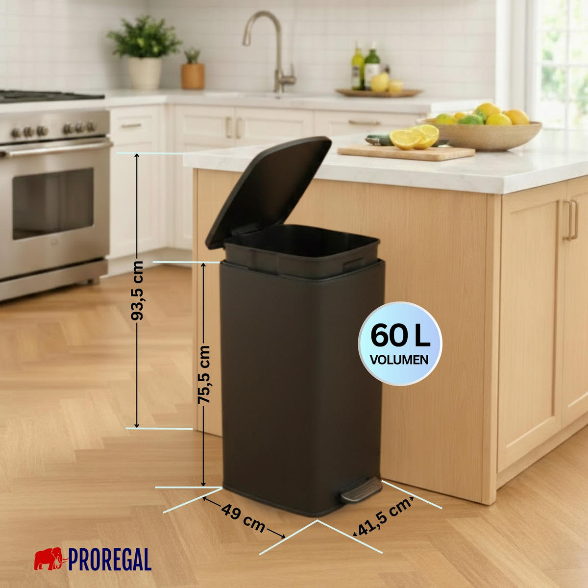 MÜLLEIMER 60 Liter mit Softclose & Fußpedal - Schwarz, Metall (41.5/75.5/49cm) - PROREGAL